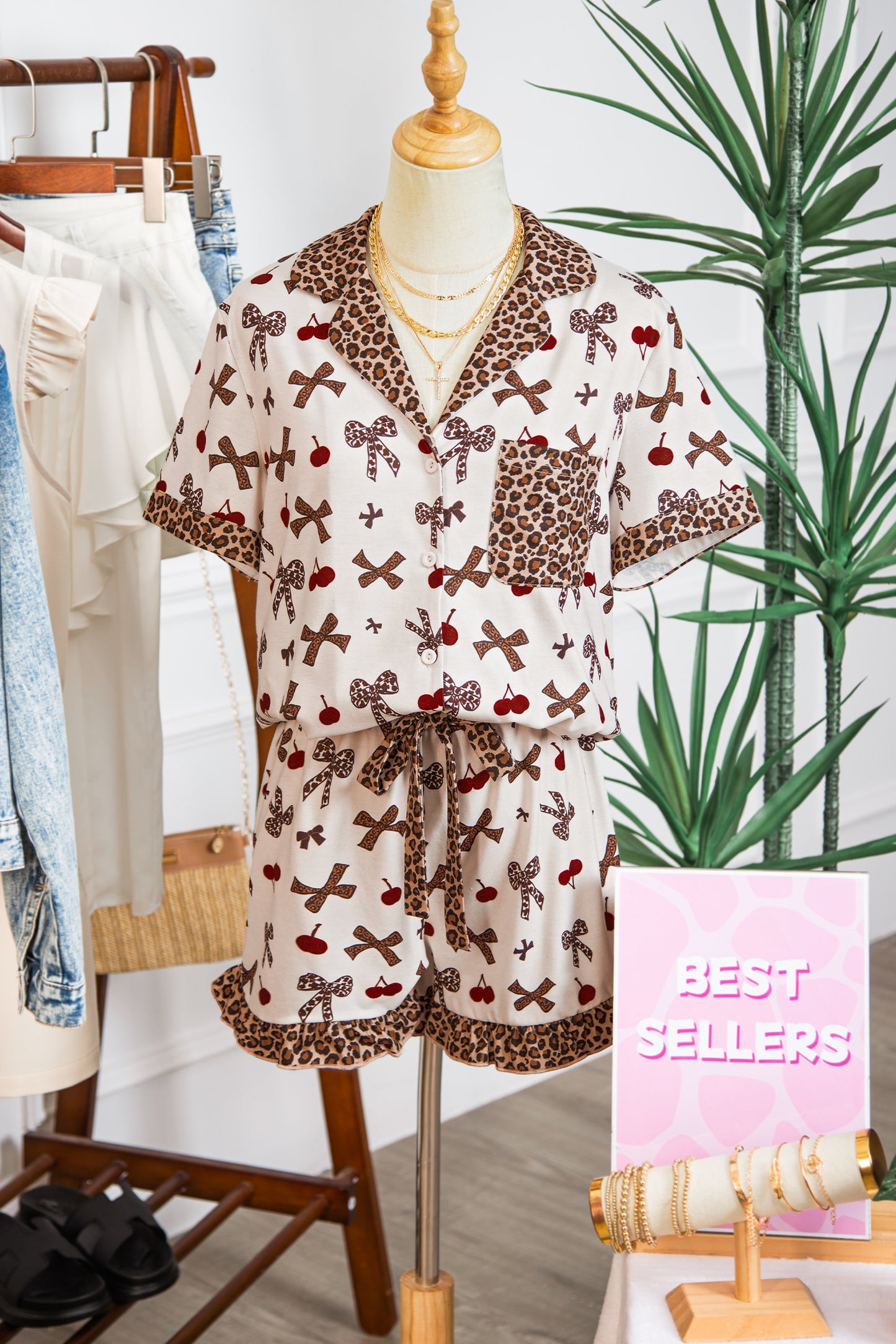 Bow & Cherry Printed Leopard 2pcs PJ Set