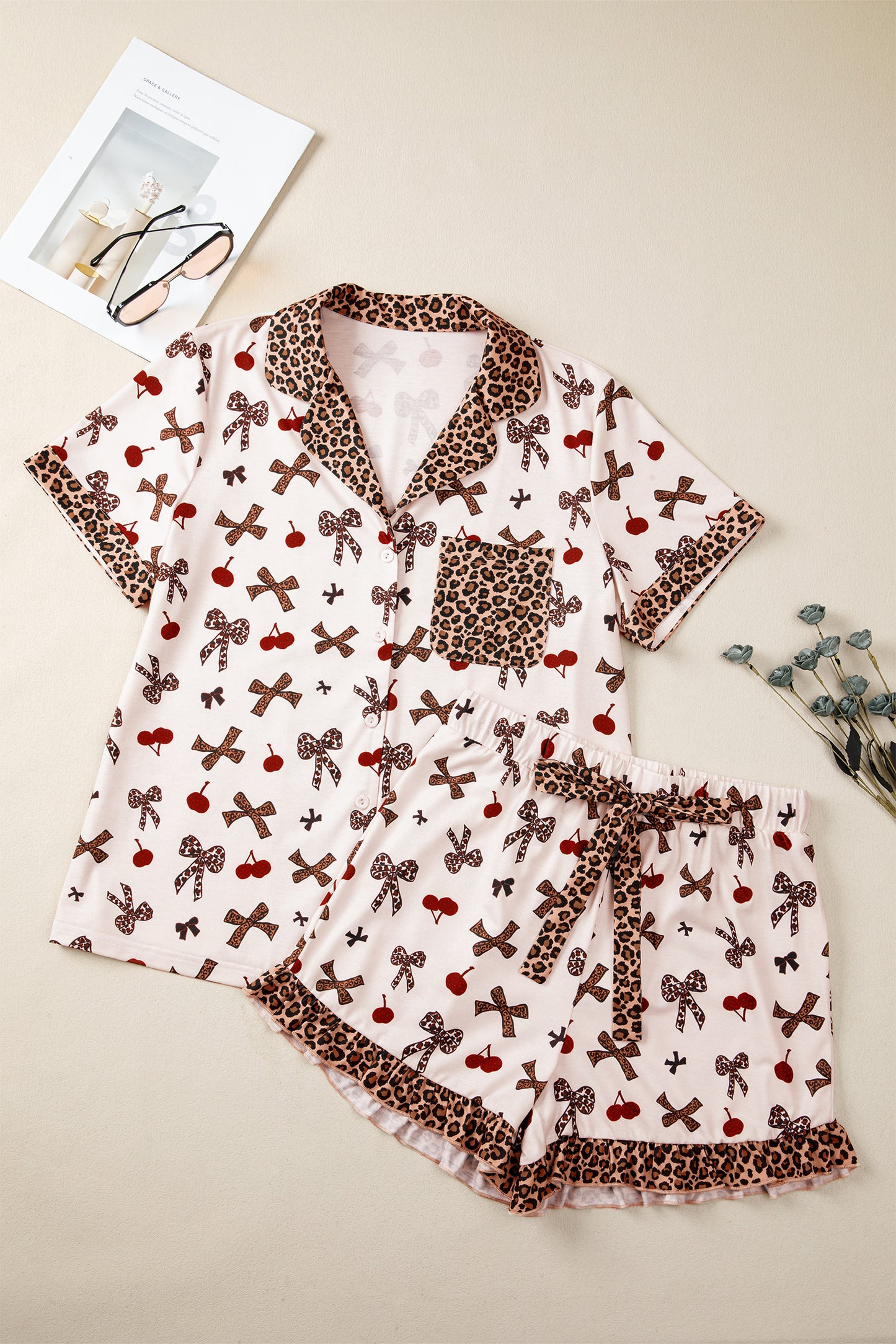 Bow & Cherry Printed Leopard 2pcs PJ Set