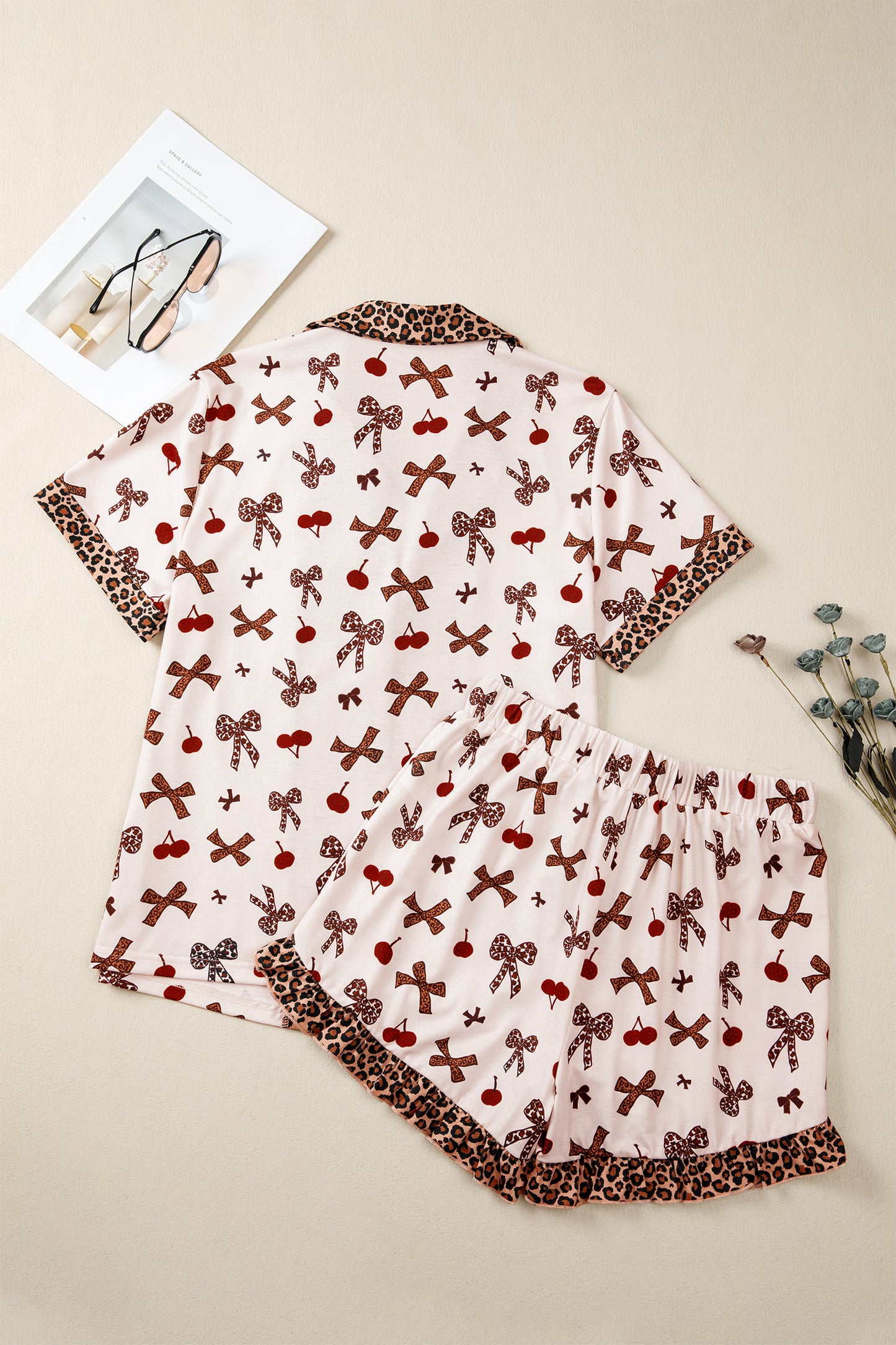 Bow & Cherry Printed Leopard 2pcs PJ Set