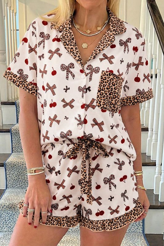 Bow & Cherry Printed Leopard 2pcs PJ Set