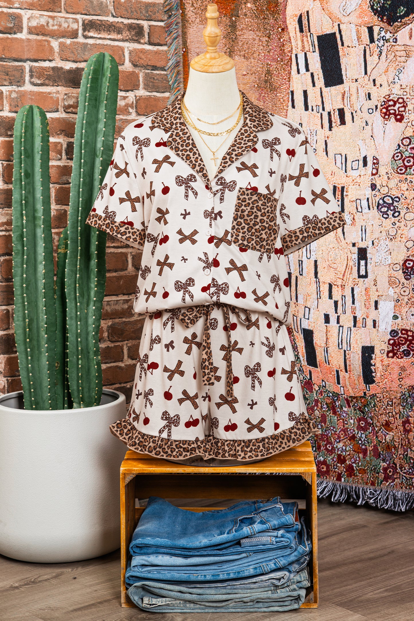 Bow & Cherry Printed Leopard 2pcs PJ Set