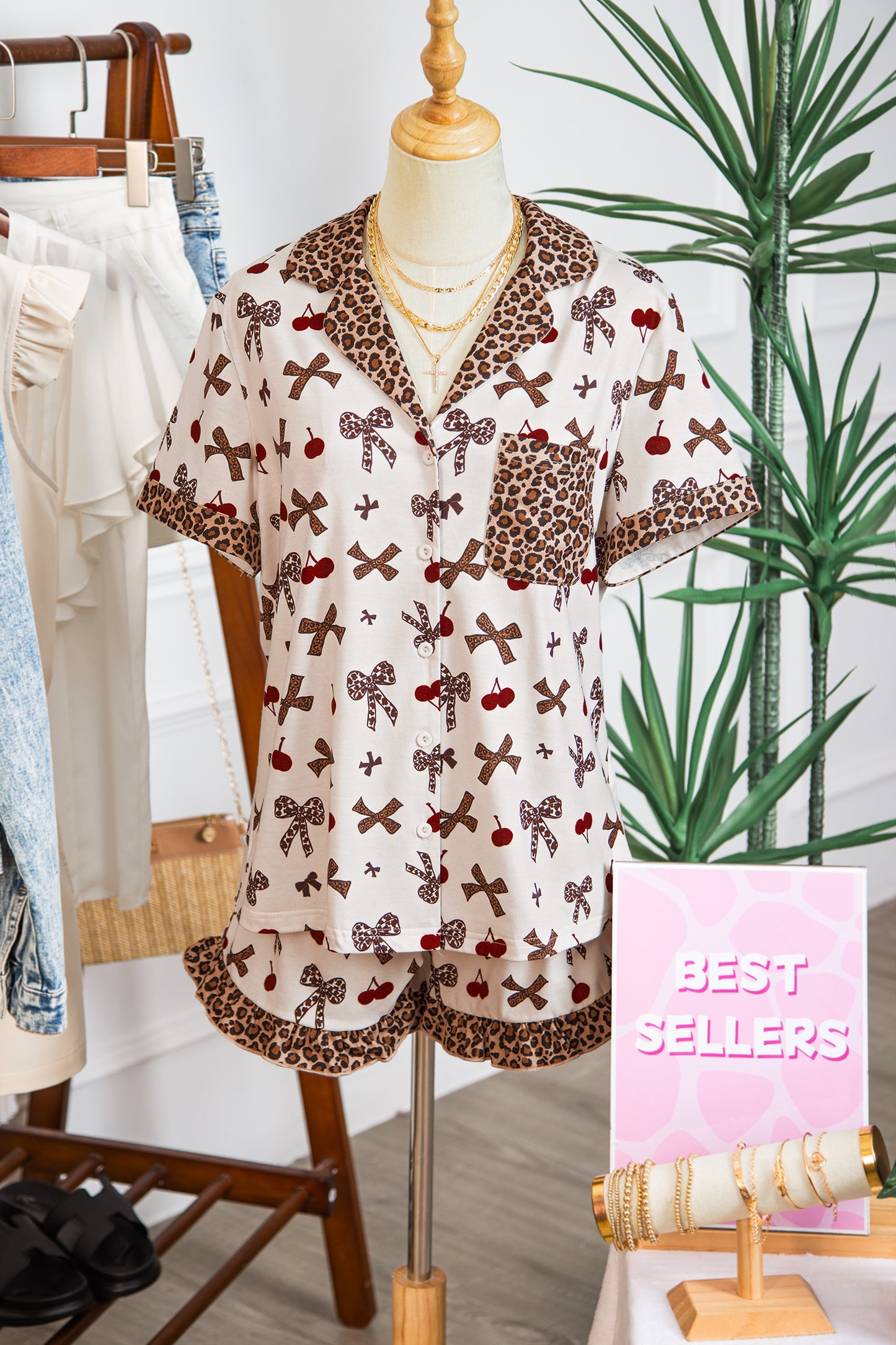 Bow & Cherry Printed Leopard 2pcs PJ Set