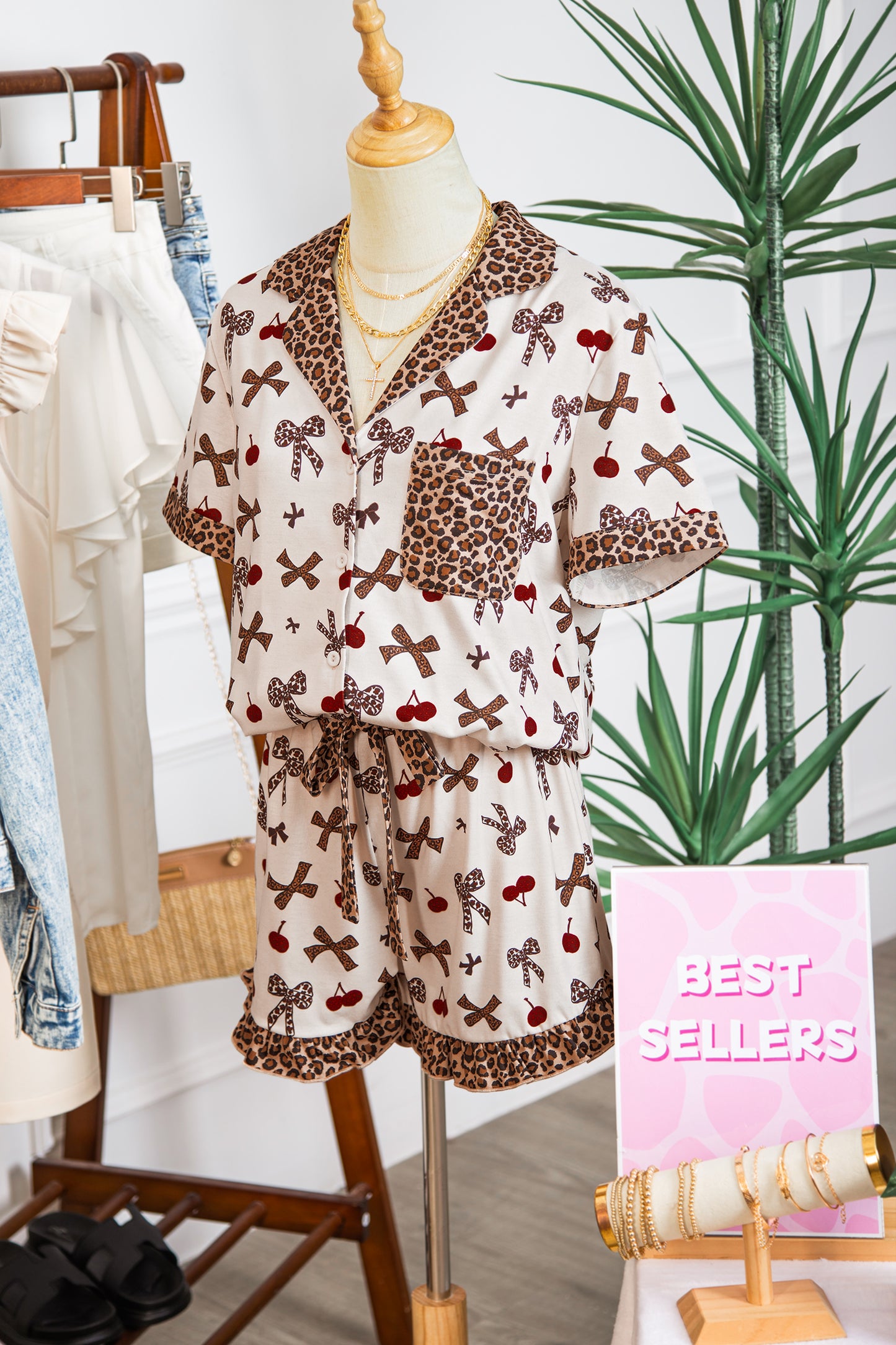 Bow & Cherry Printed Leopard 2pcs PJ Set