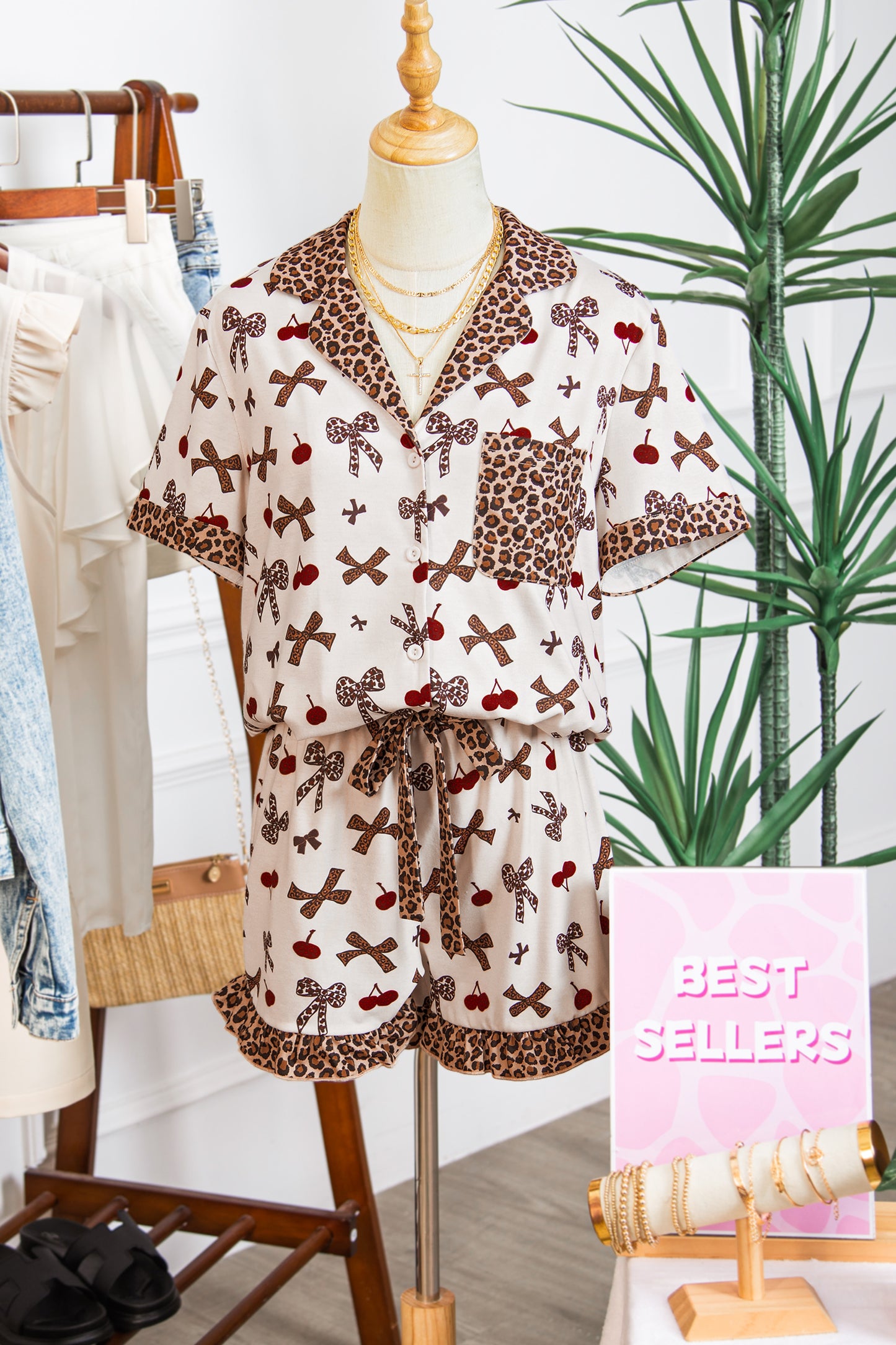 Bow & Cherry Printed Leopard 2pcs PJ Set