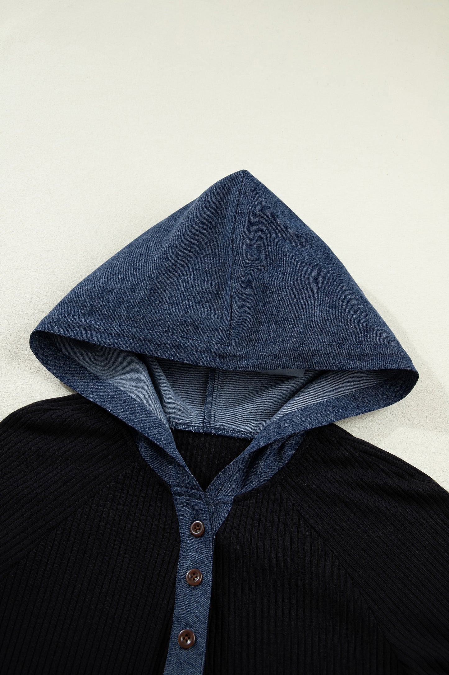 Black Ribbed Contrast Denim Hooded Long Sleeve Top