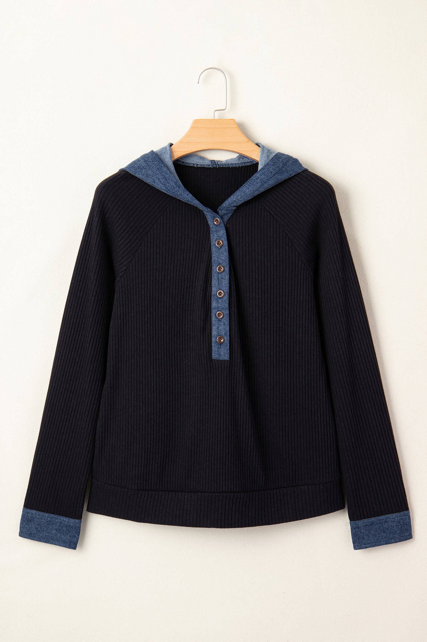 Black Ribbed Contrast Denim Hooded Long Sleeve Top