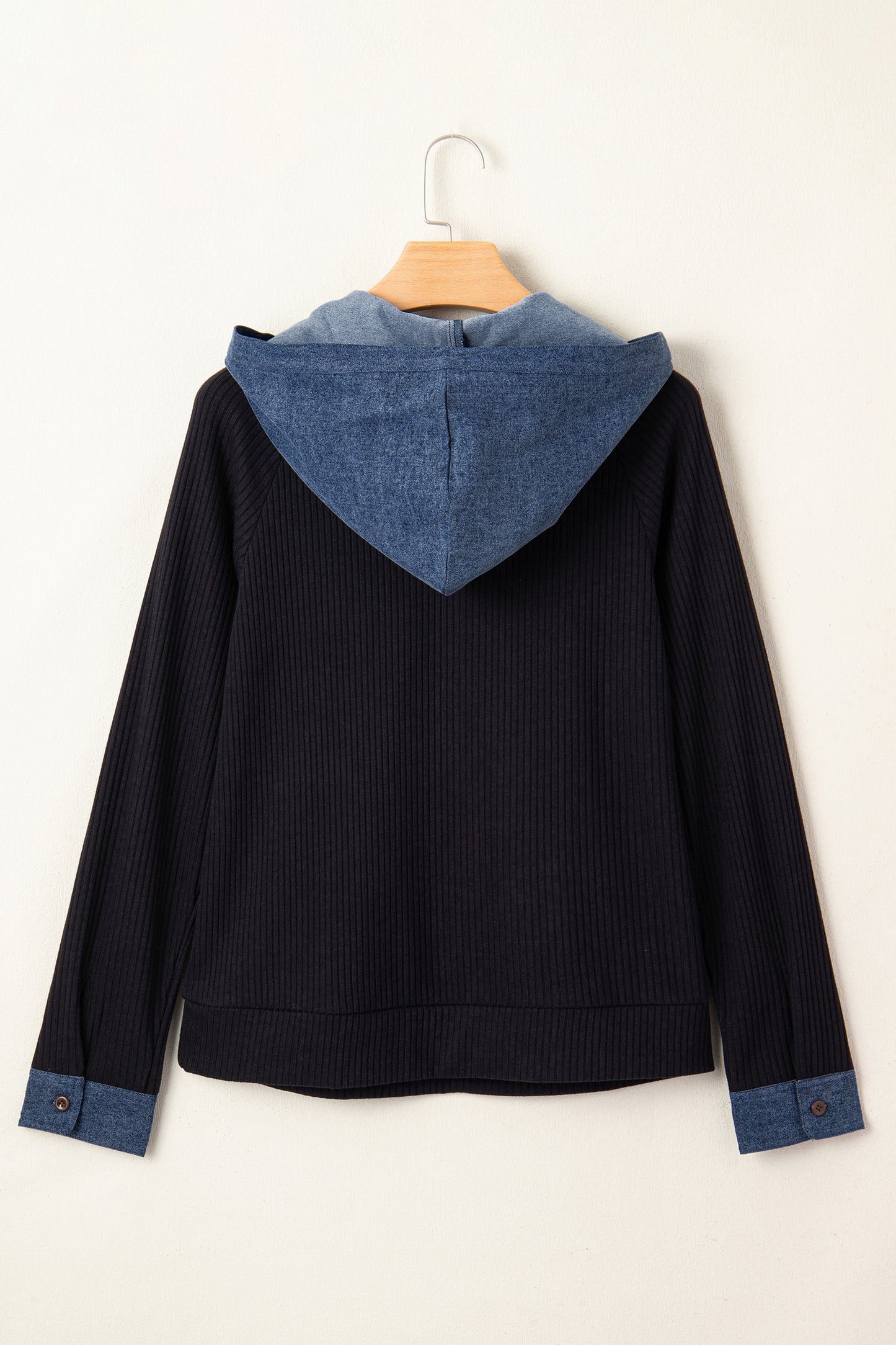 Black Ribbed Contrast Denim Hooded Long Sleeve Top