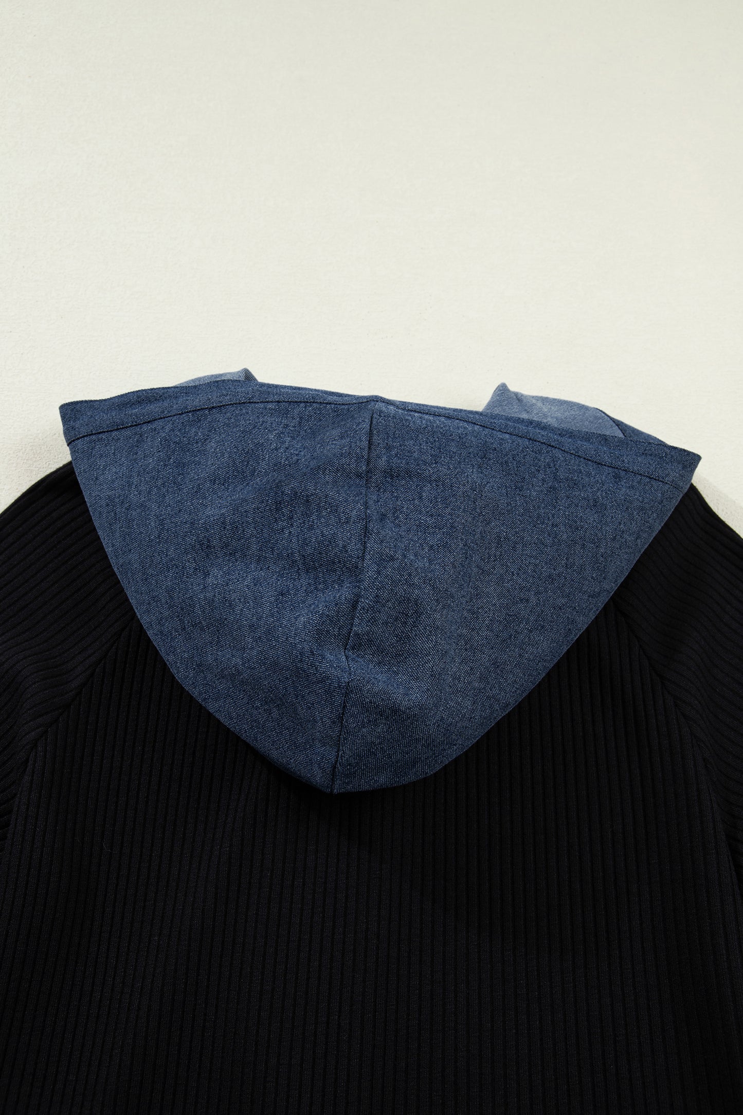 Black Ribbed Contrast Denim Hooded Long Sleeve Top