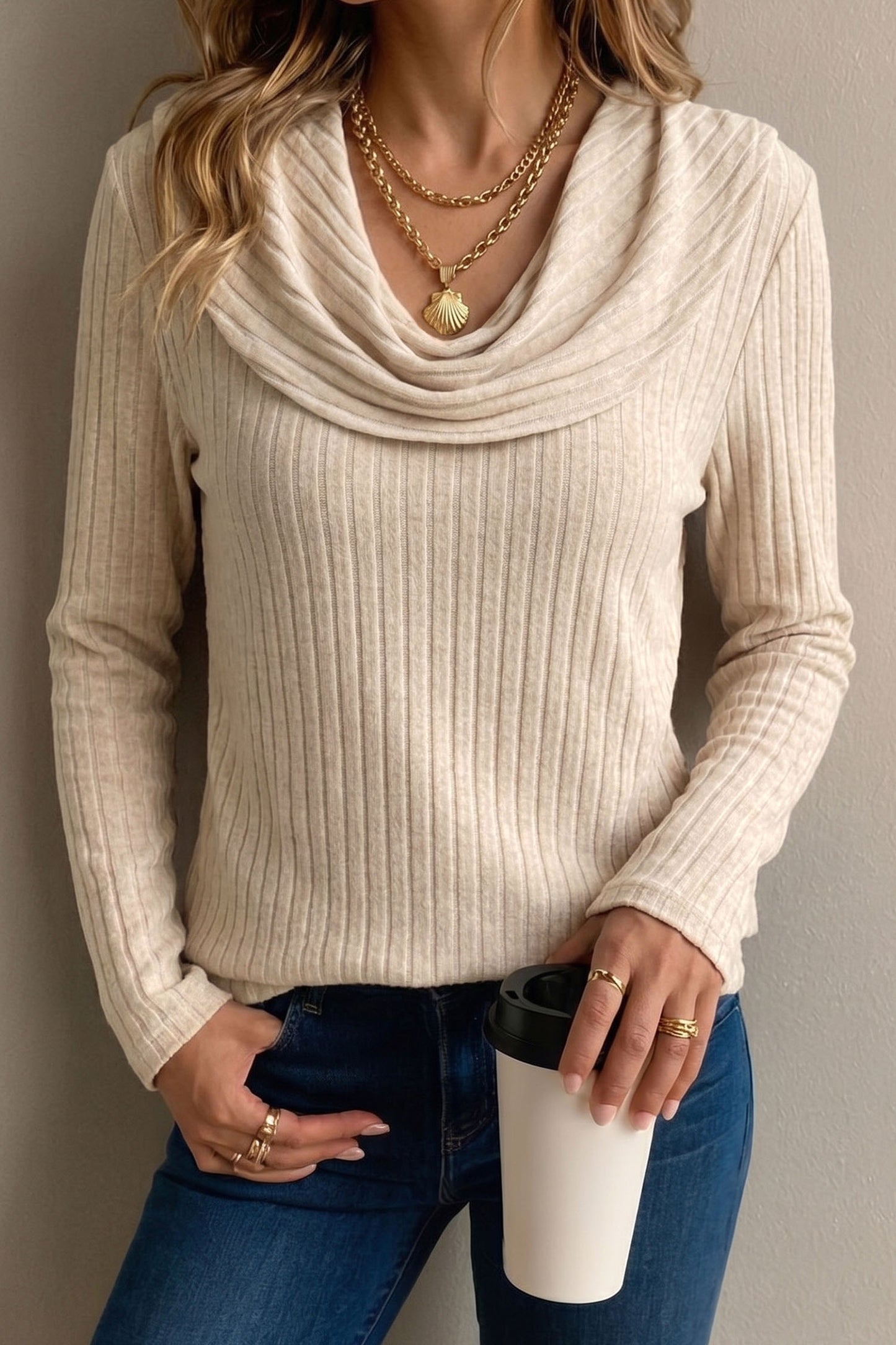 Apricot Ribbed Knit Cowl Neck Long Sleeve Top