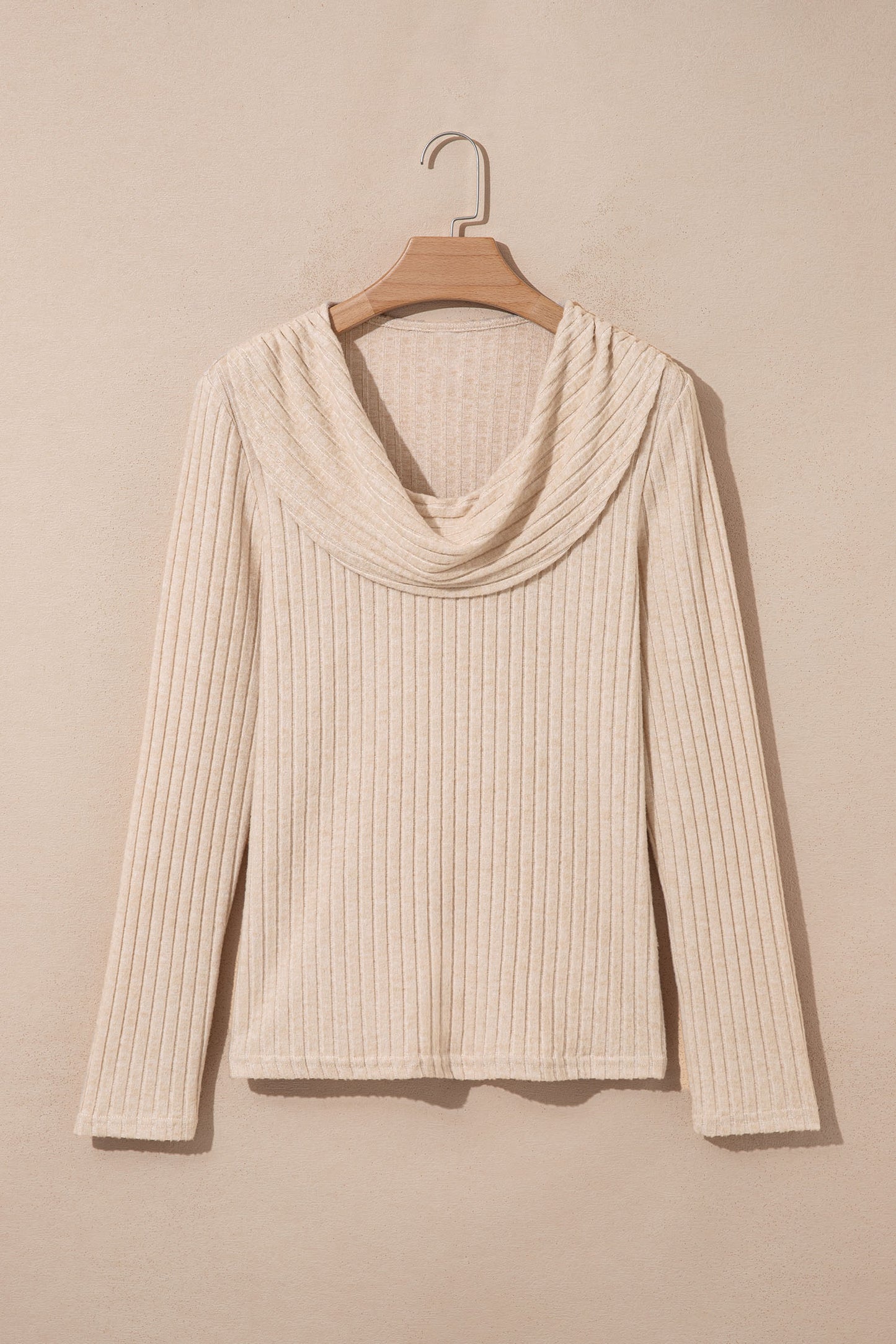 Apricot Ribbed Knit Cowl Neck Long Sleeve Top