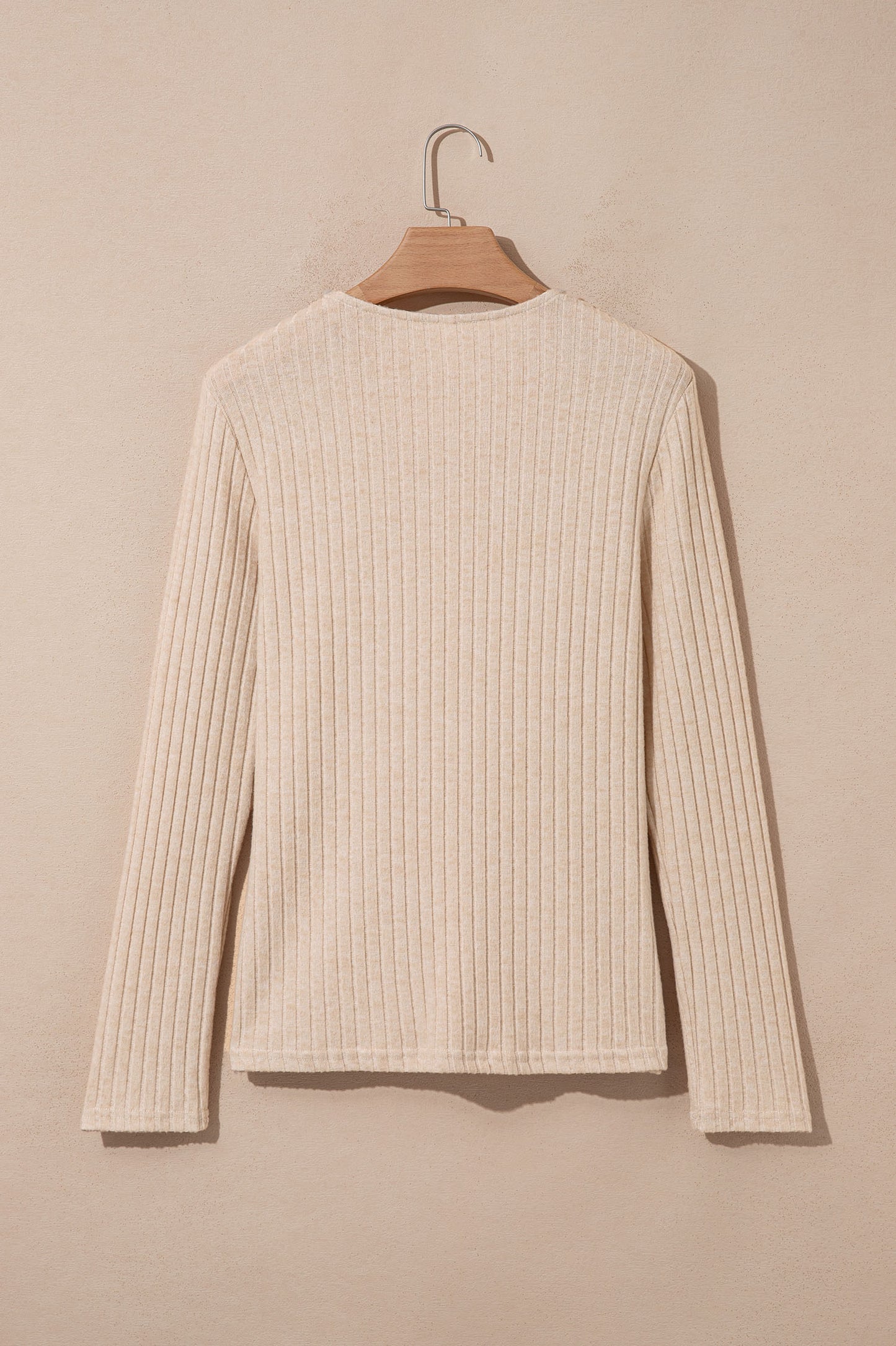 Apricot Ribbed Knit Cowl Neck Long Sleeve Top