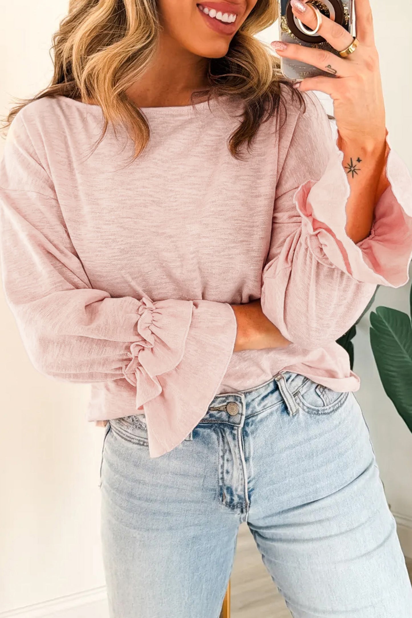 Baby Pink Long Sleeve Ruffle Cuff Top