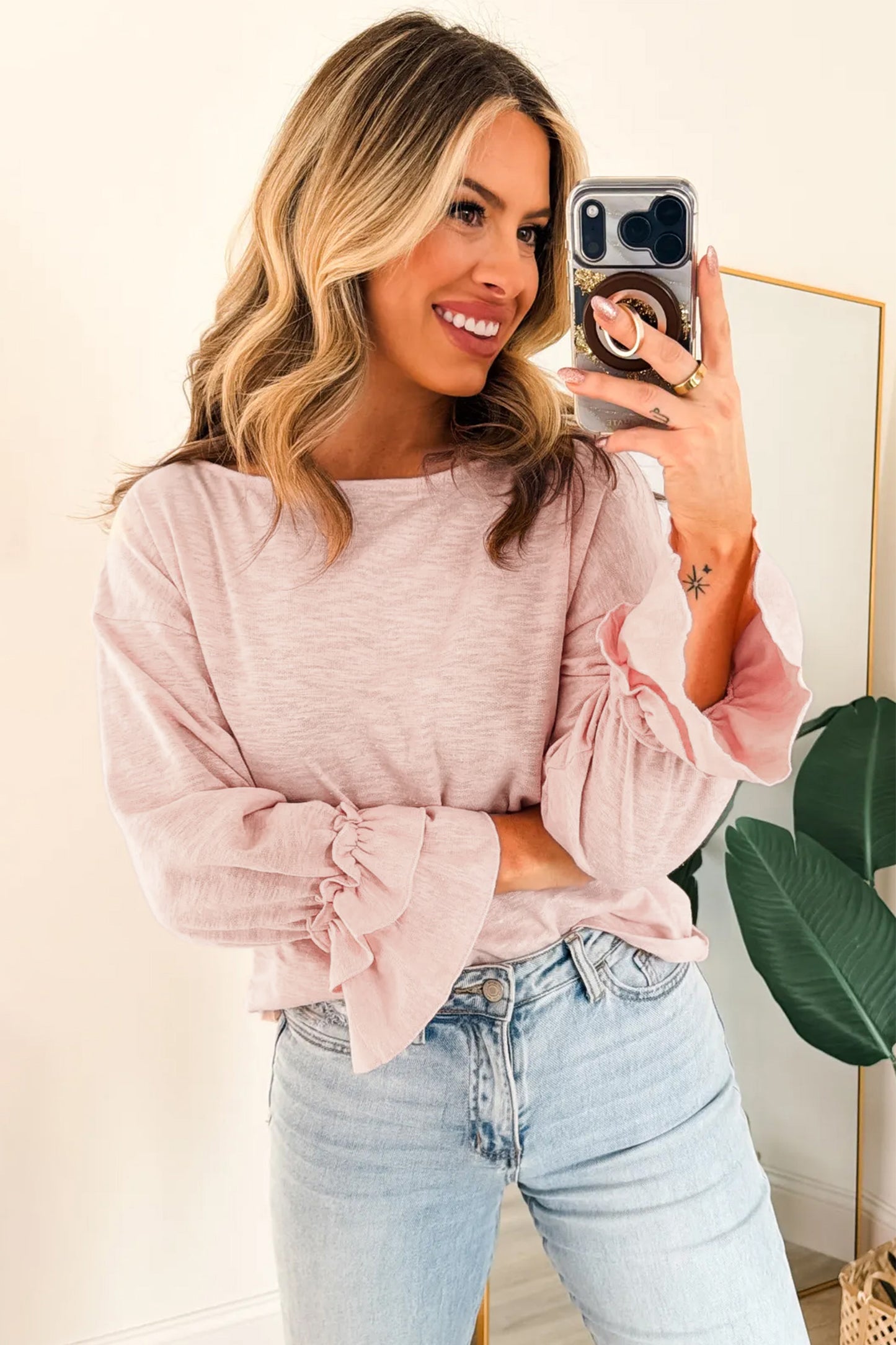 Baby Pink Long Sleeve Ruffle Cuff Top