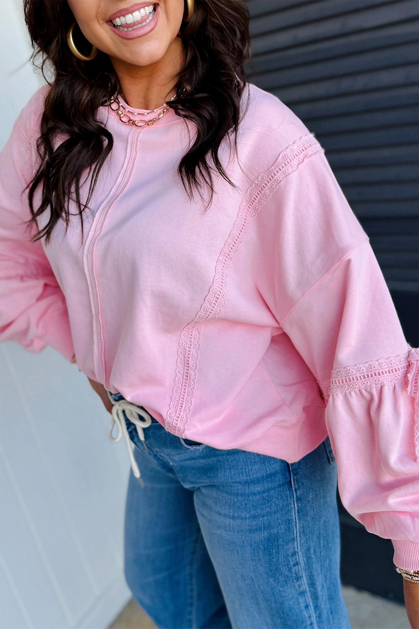 Pink Raw Seam Lace Detail Casual Sweatshirt