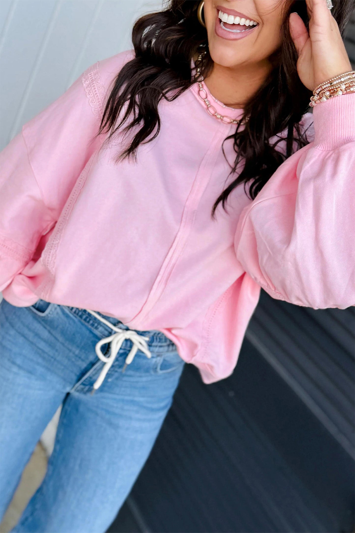 Pink Raw Seam Lace Detail Casual Sweatshirt