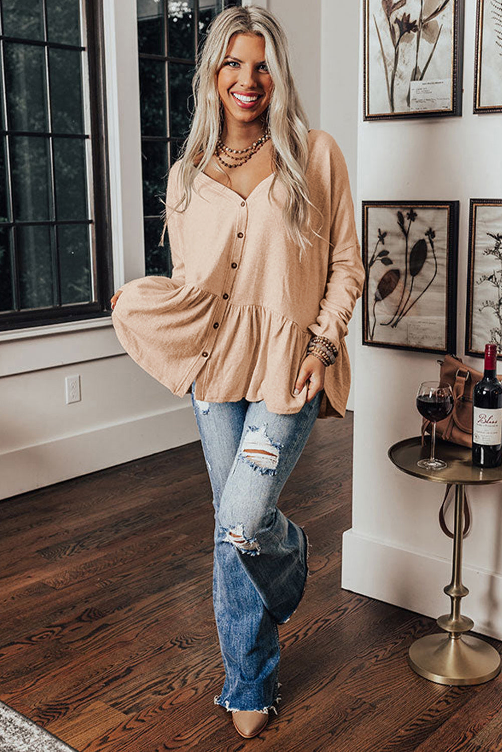 Beige Button V-Neck Shirt
