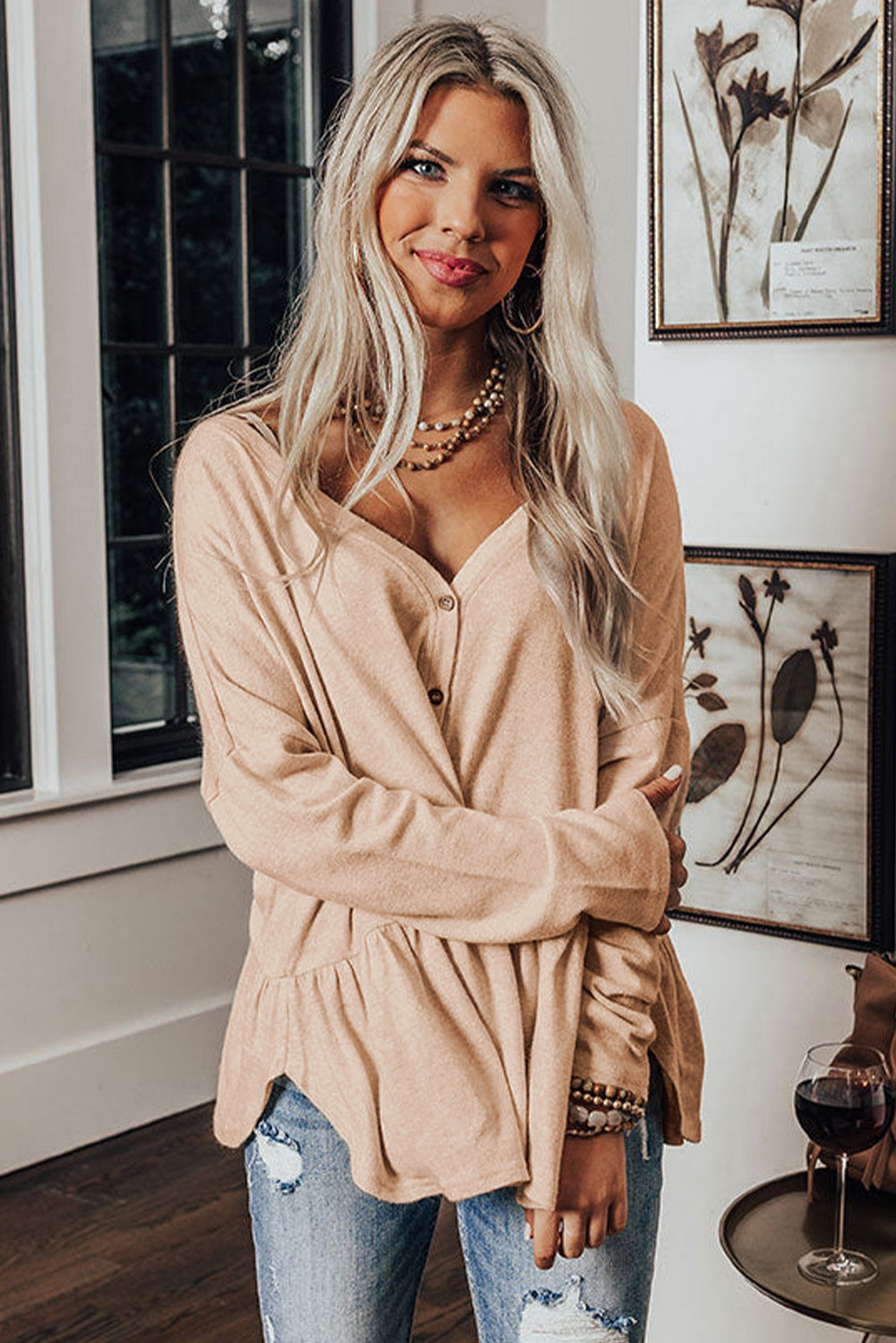 Beige Button V-Neck Shirt