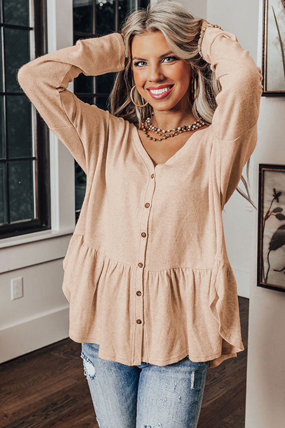 Beige Button V-Neck Shirt