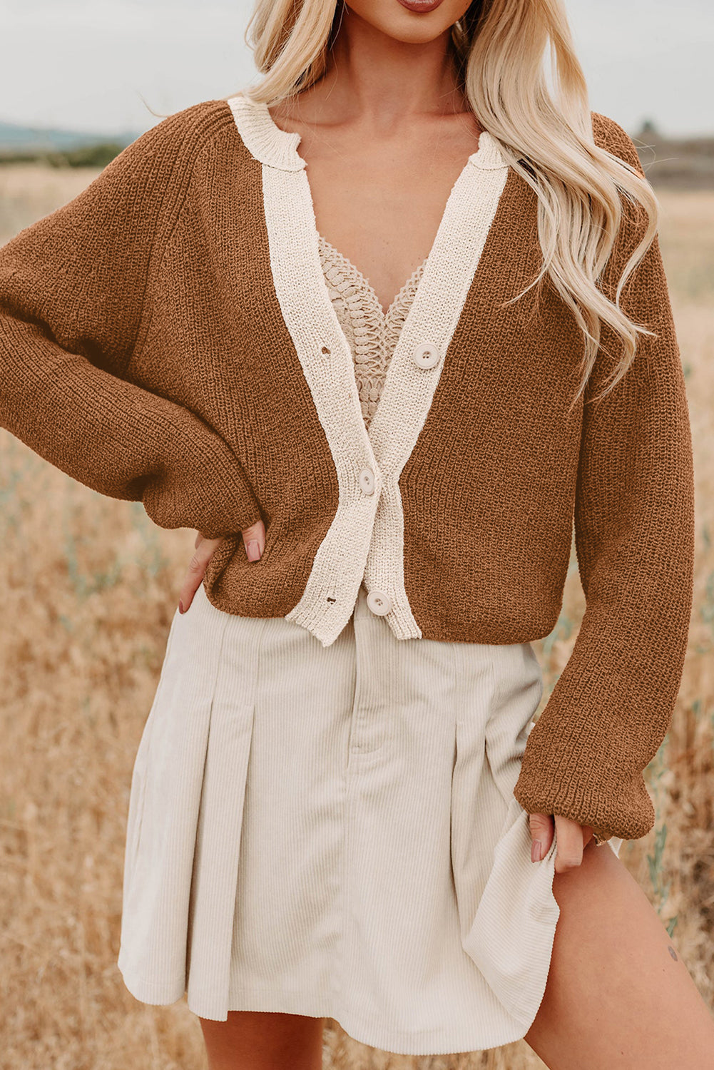 Chestnut Contrast V Neck Knit Cardigan