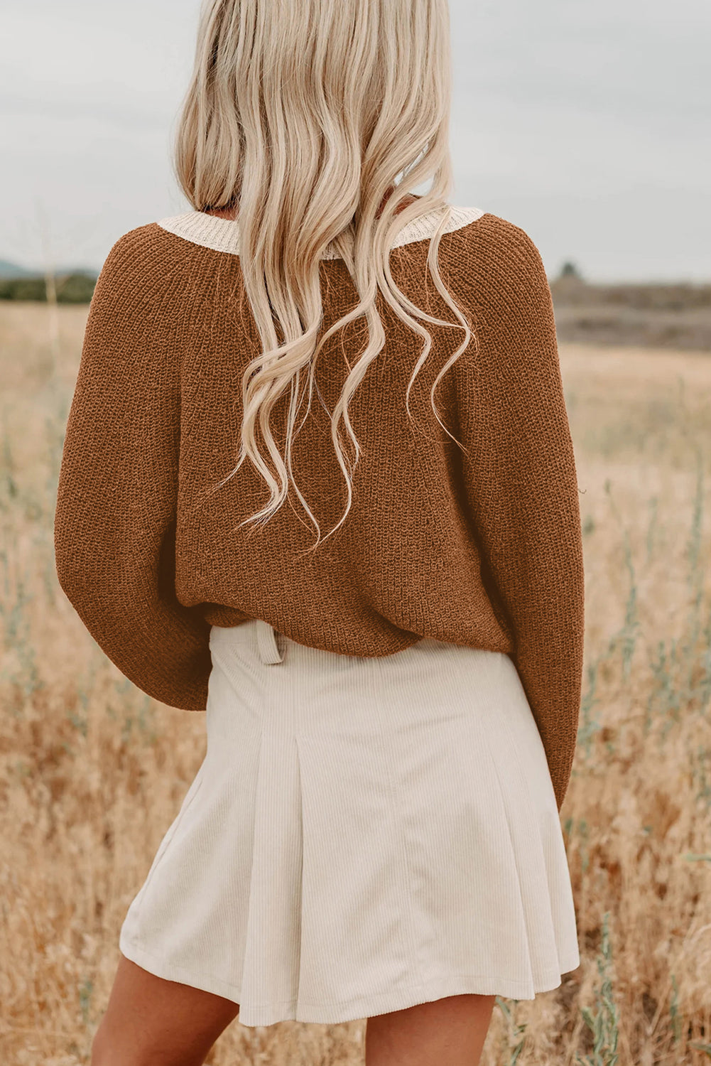 Chestnut Contrast V Neck Knit Cardigan