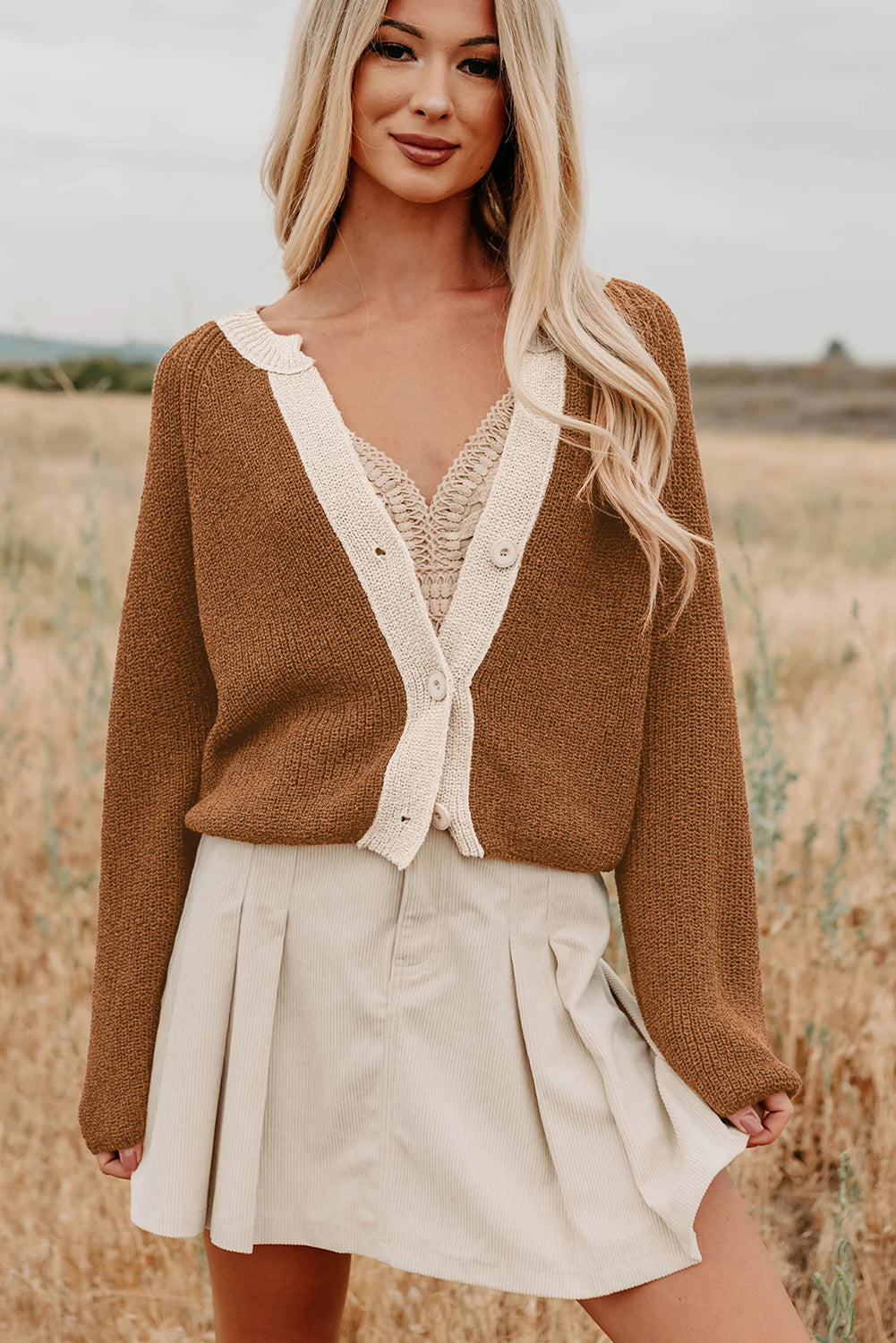 Chestnut Contrast V Neck Knit Cardigan