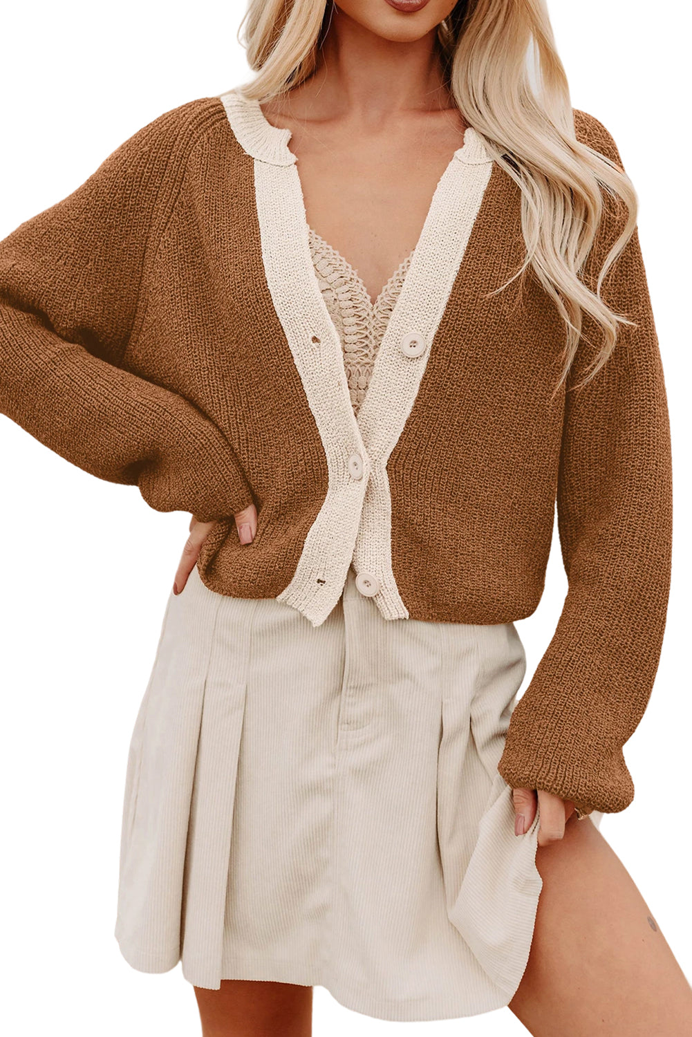 Chestnut Contrast V Neck Knit Cardigan