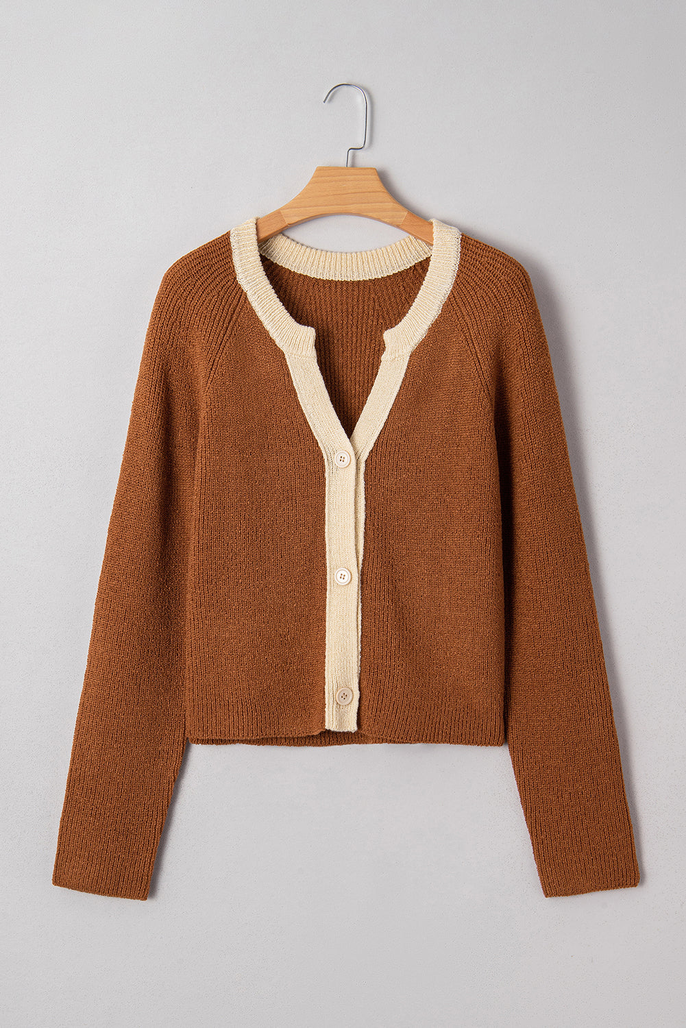 Chestnut Contrast V Neck Knit Cardigan