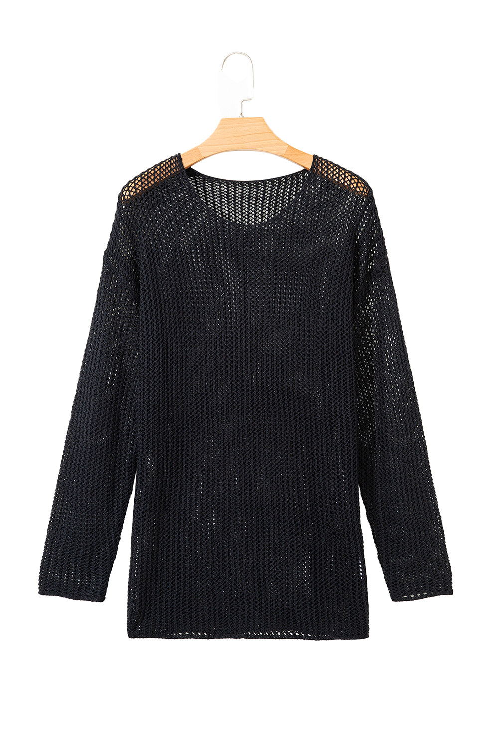Black knit sweater on a wooden hanger against a white background