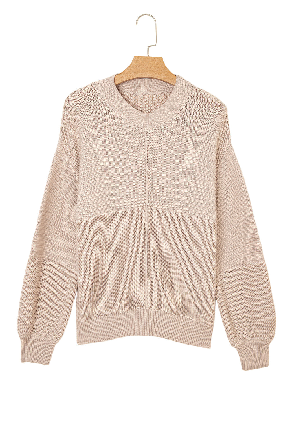 Beige sweater on a wooden hanger against a white background