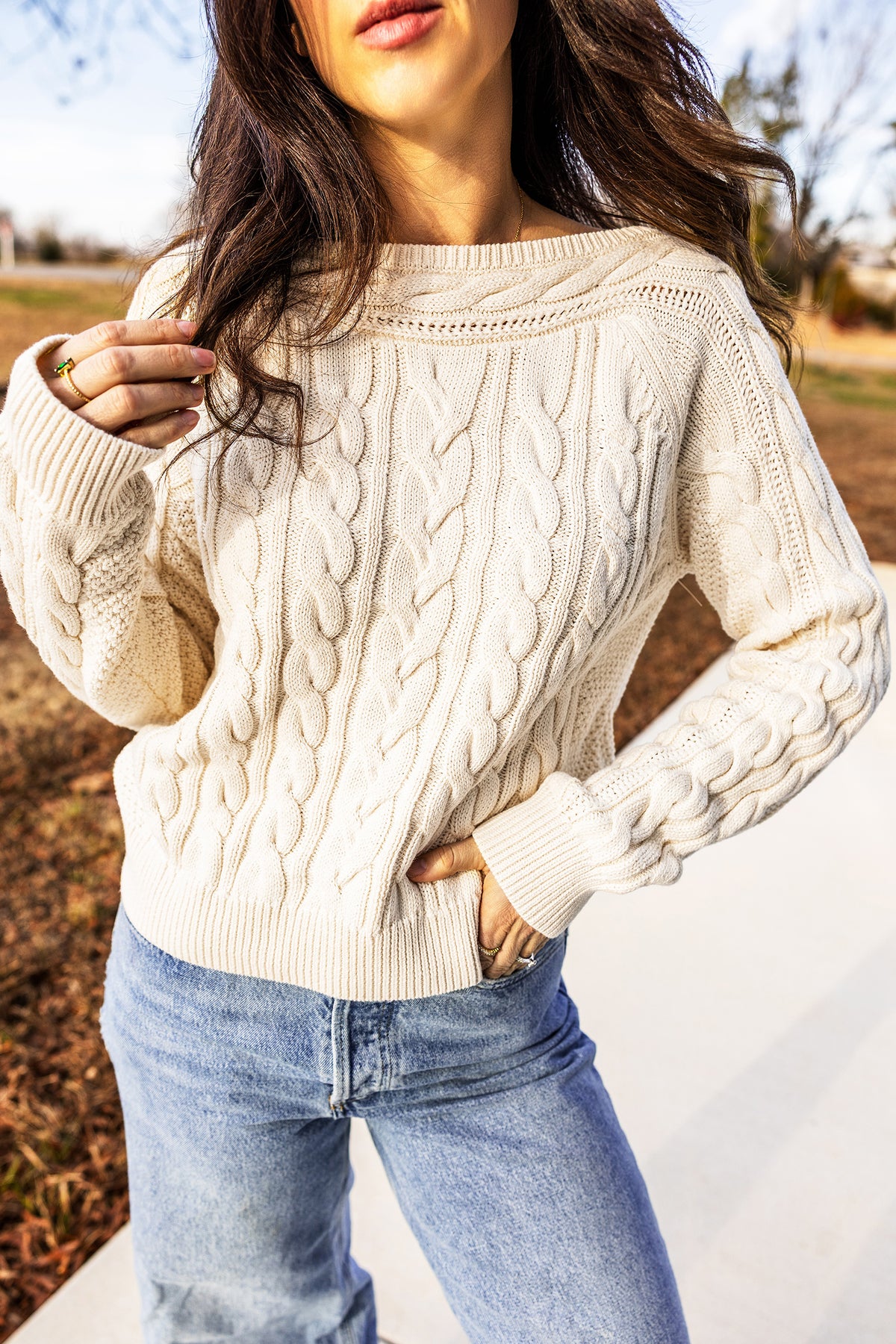 Beige Round Neck Cable Knit Sweater
