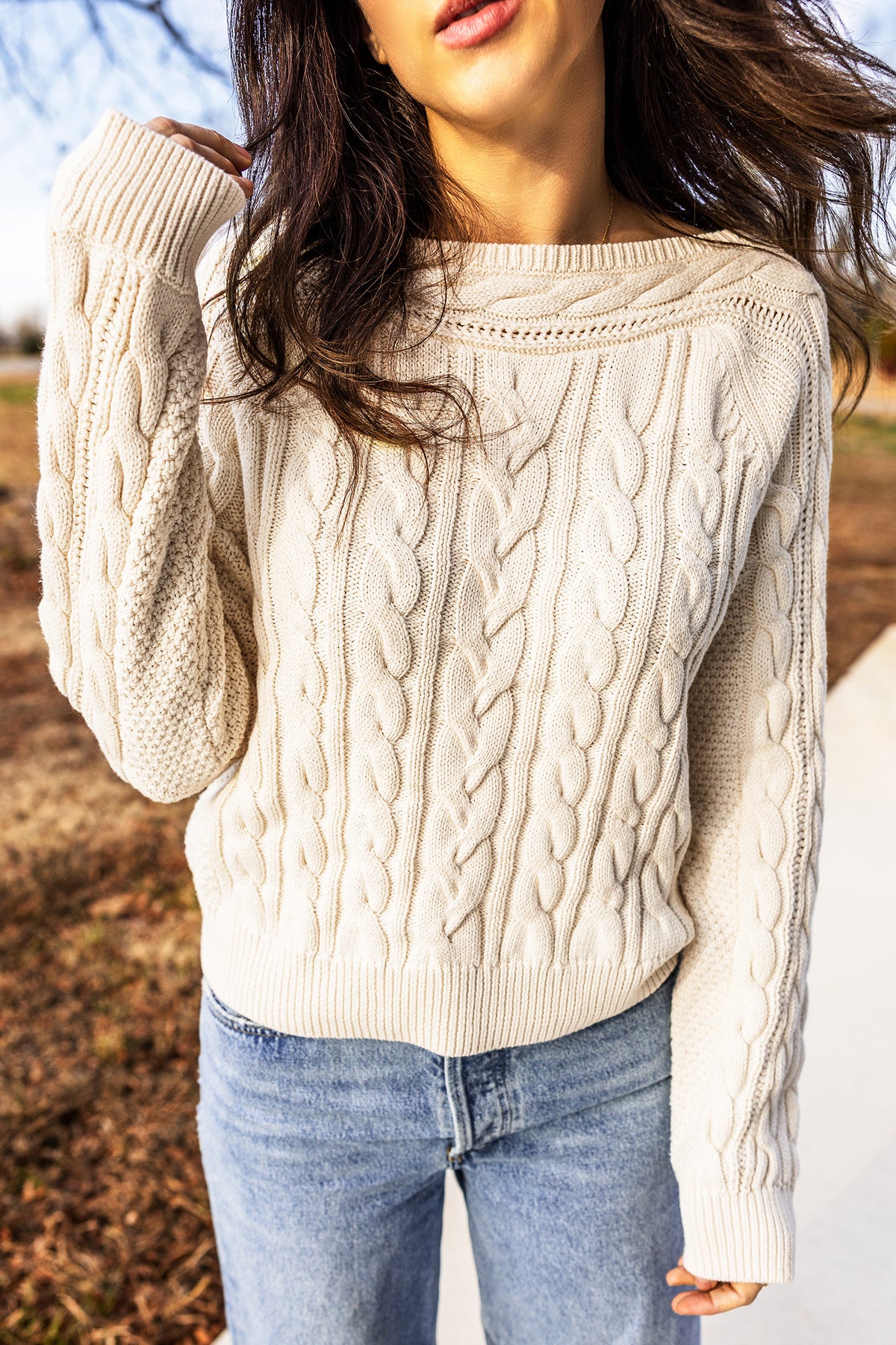 Beige Round Neck Cable Knit Sweater