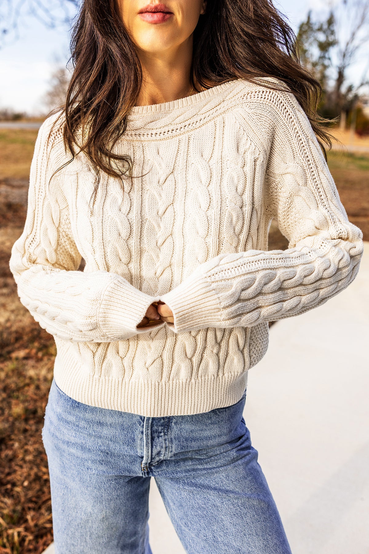 Beige Round Neck Cable Knit Sweater
