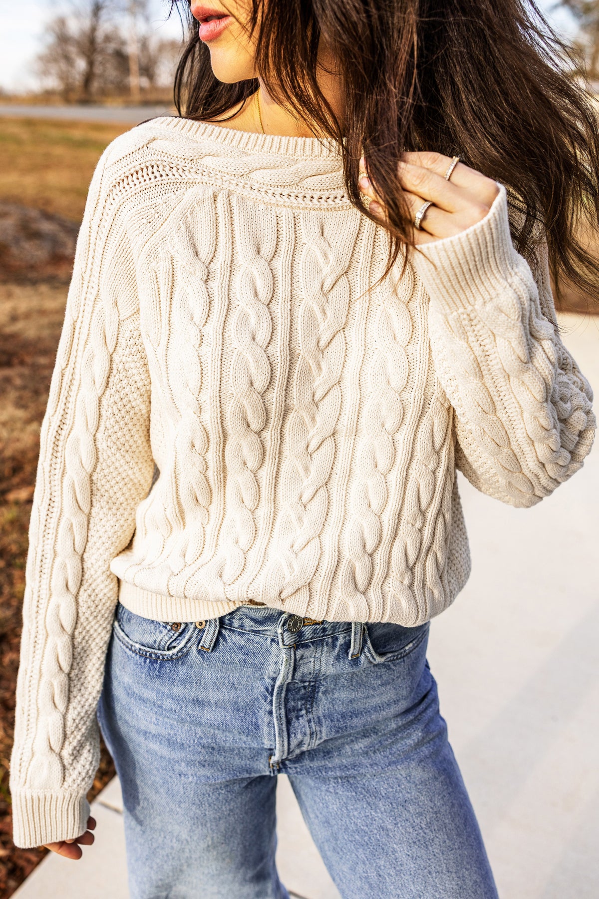Beige Round Neck Cable Knit Sweater