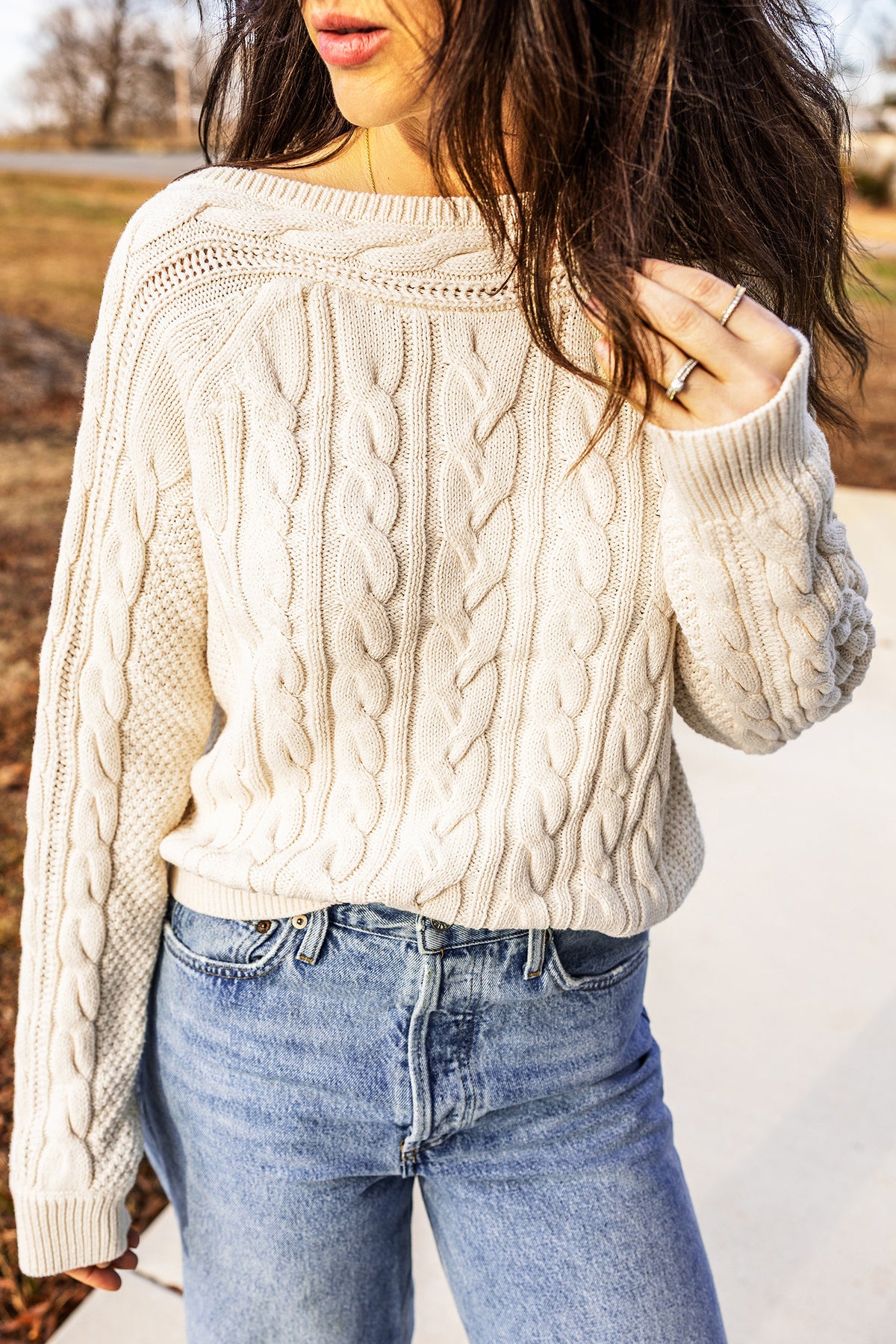 Beige Round Neck Cable Knit Sweater