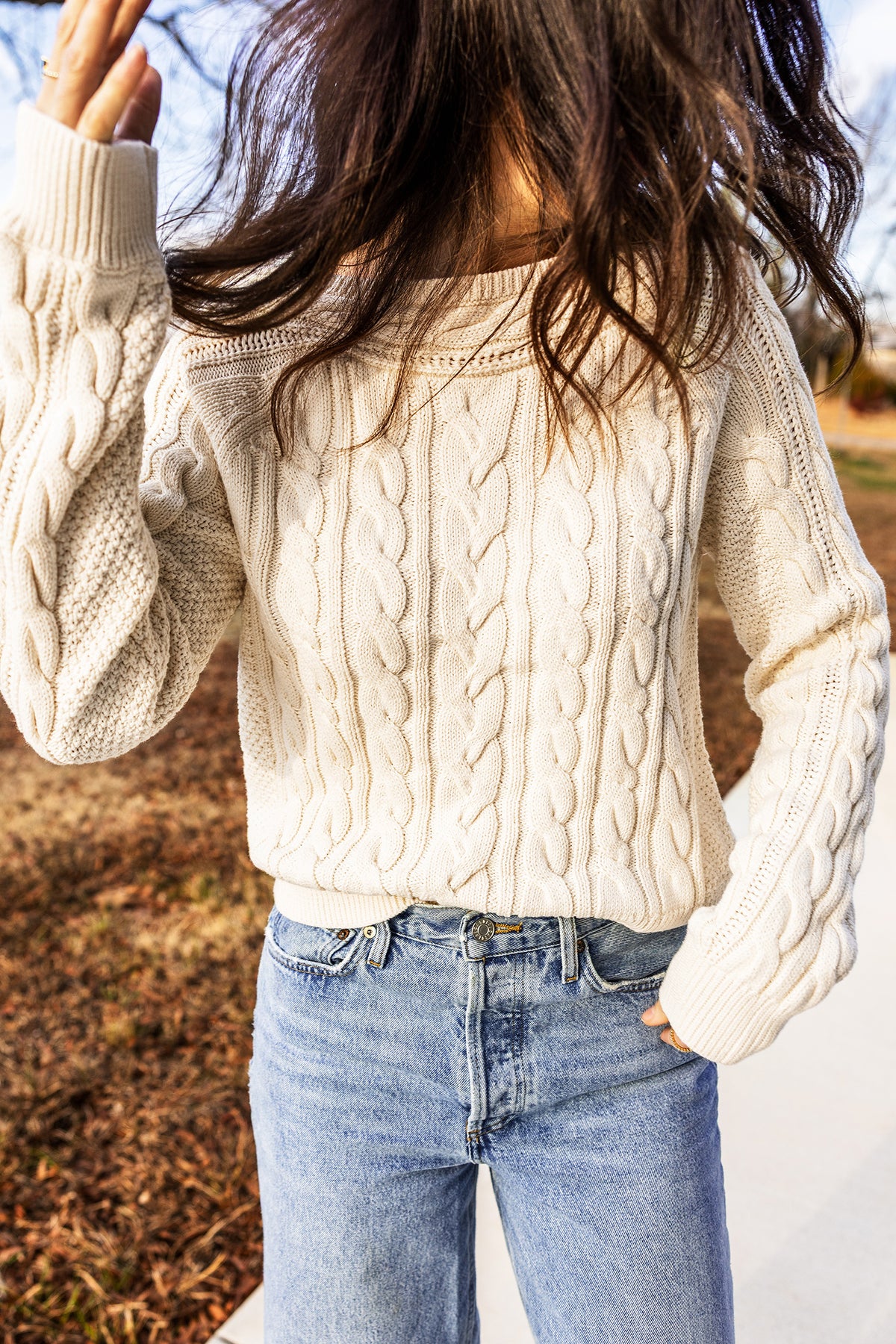 Beige Round Neck Cable Knit Sweater