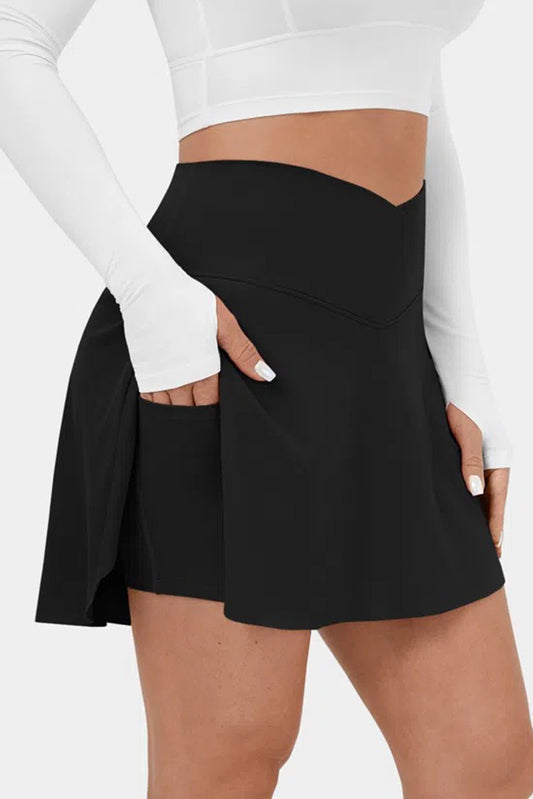 Black Solid Pocketed Cross Criss High Waist Athletic Skort