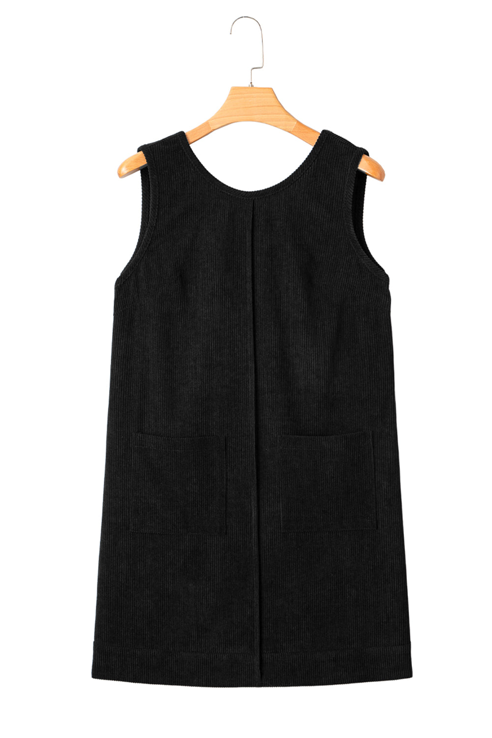 Black sleeveless dress on a wooden hanger against a white background
