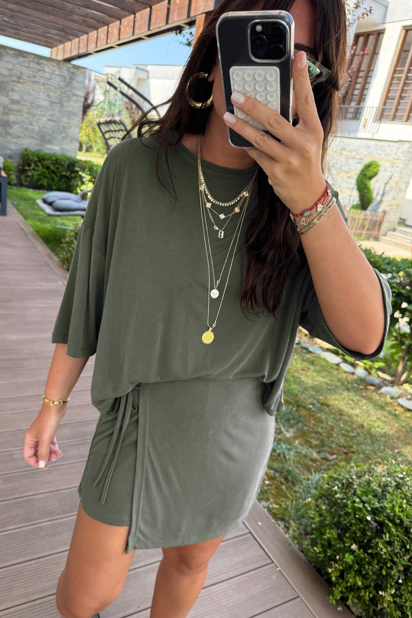 Oversize Tee Tie Wrap Skort 2pcs Set