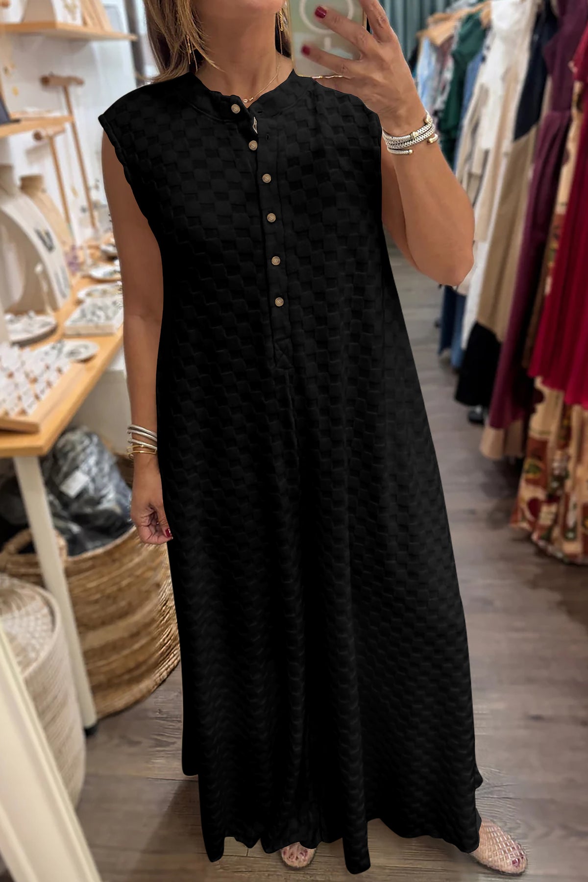Textured Black Checkered Sleeveless Jumpsuit