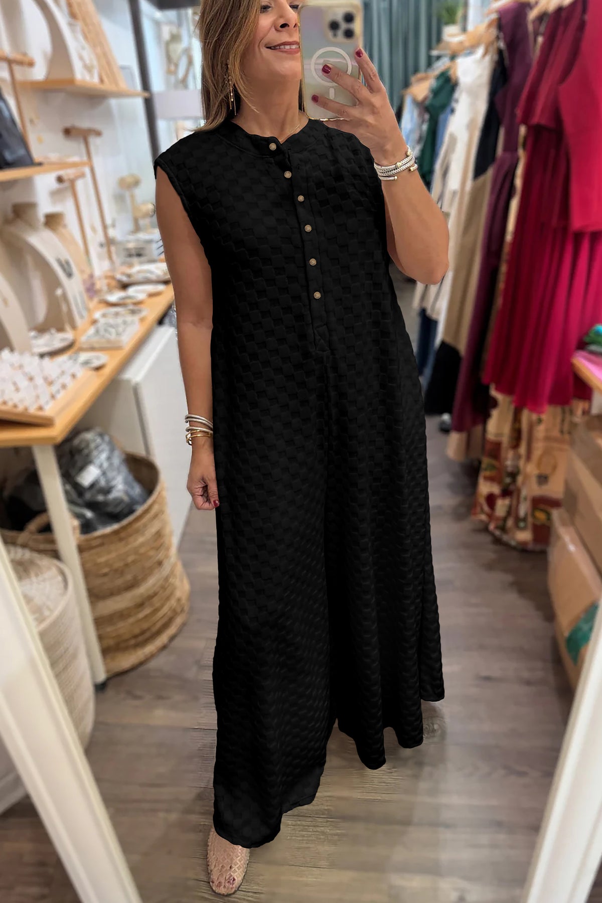 Textured Black Checkered Sleeveless Jumpsuit