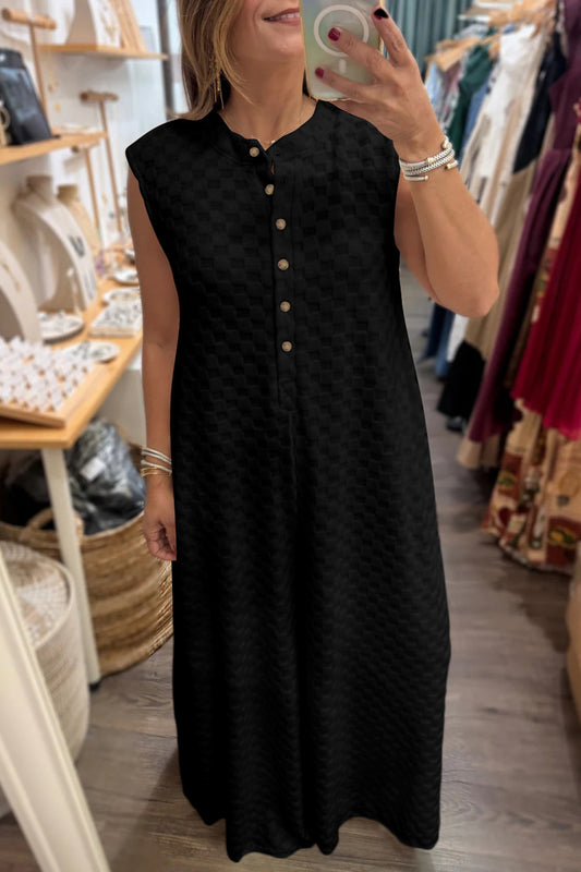Textured Black Checkered Sleeveless Jumpsuit