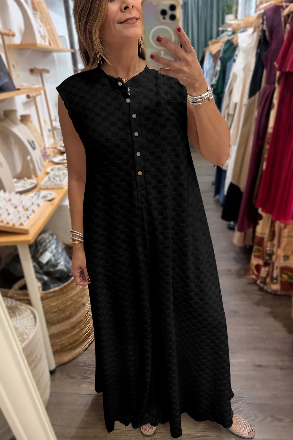Textured Black Checkered Sleeveless Jumpsuit