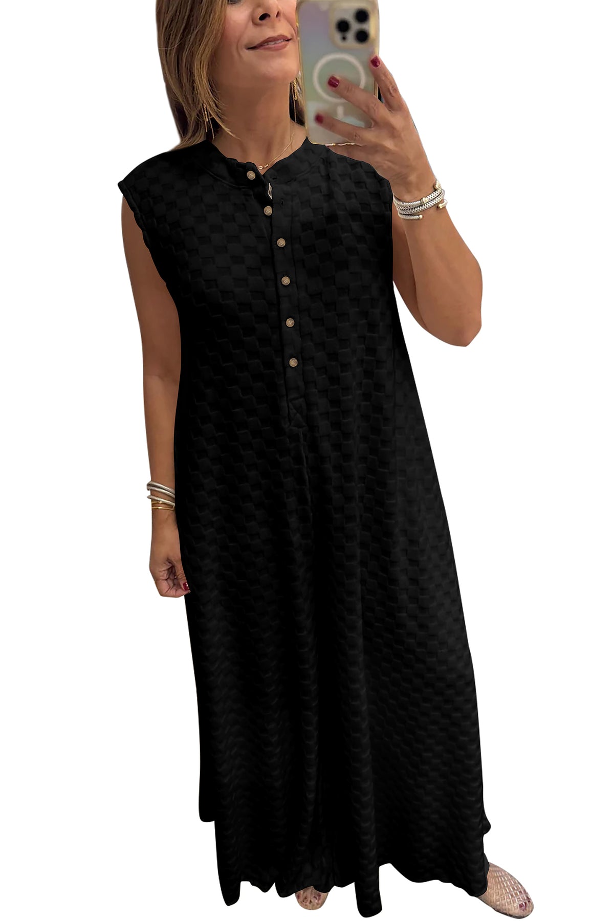 Textured Black Checkered Sleeveless Jumpsuit