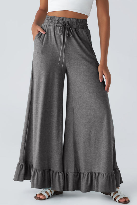 Grey Ruffle Hem Wide Leg Pants