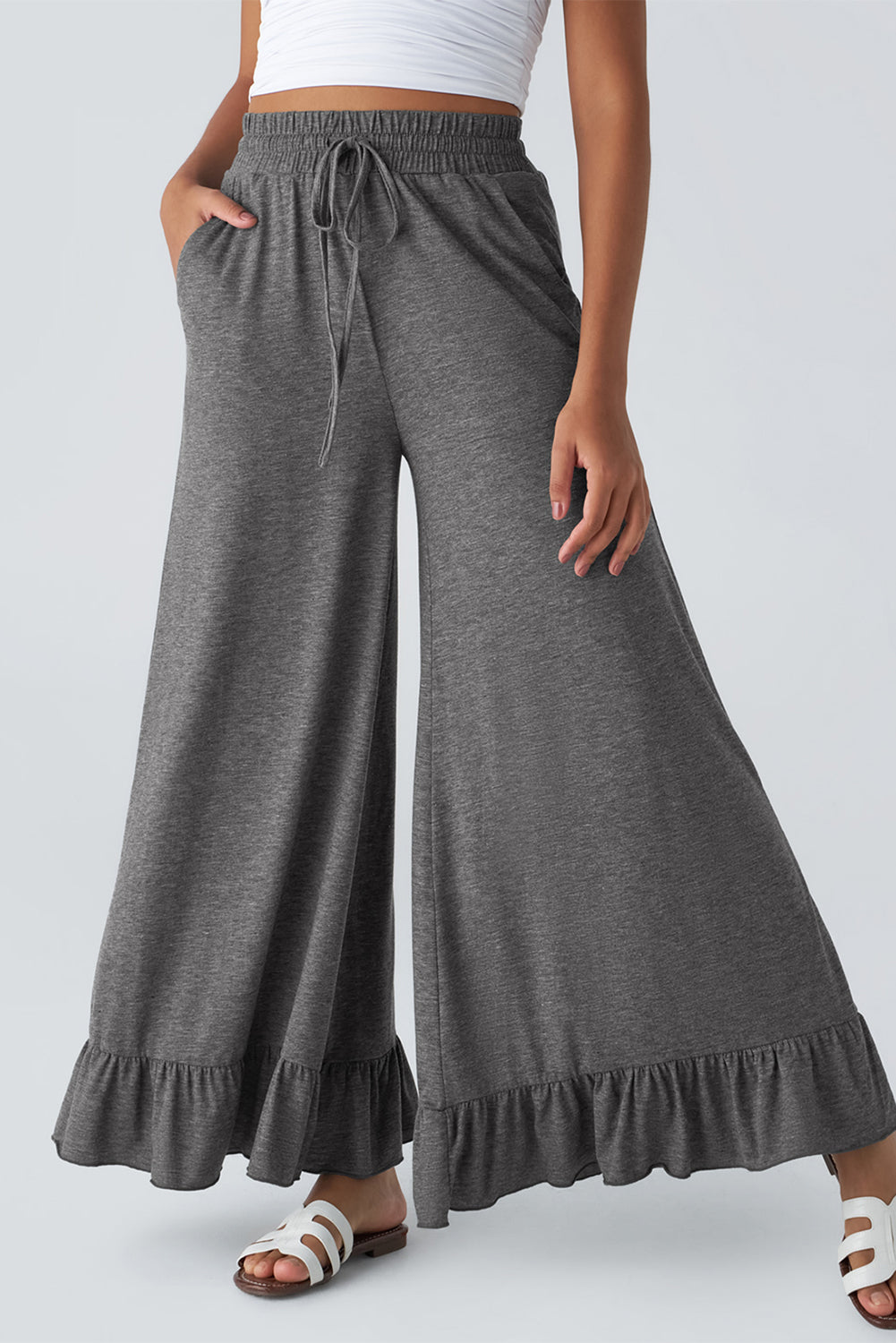 Grey Ruffle Hem Wide Leg Pants