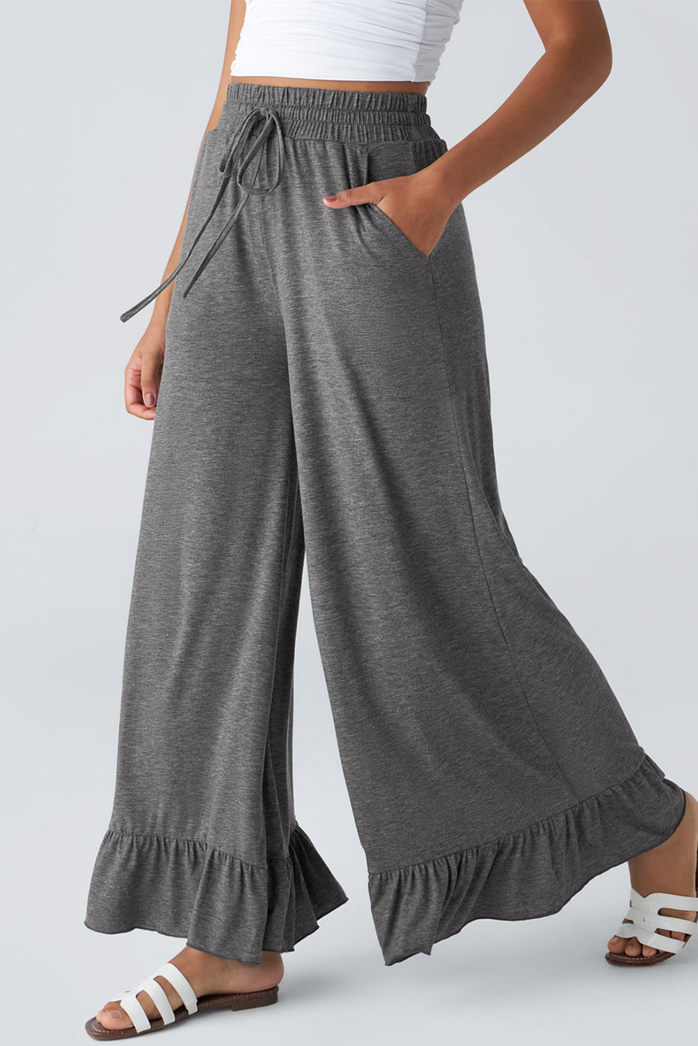 Grey Ruffle Hem Wide Leg Pants