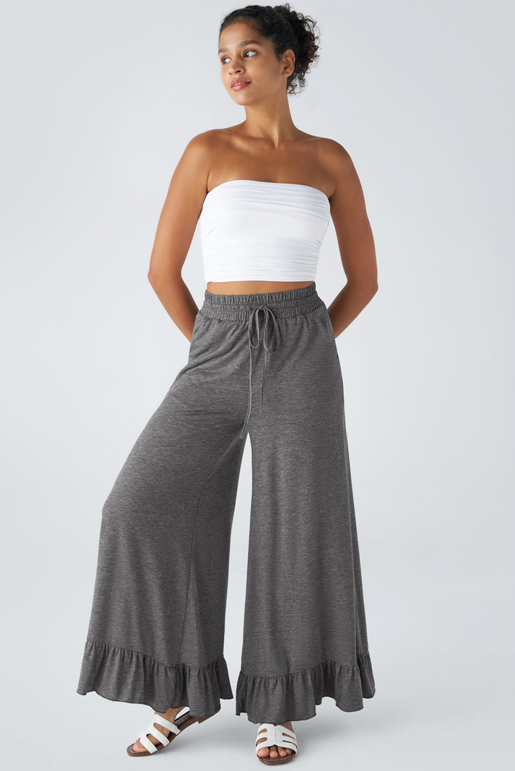 Grey Ruffle Hem Wide Leg Pants