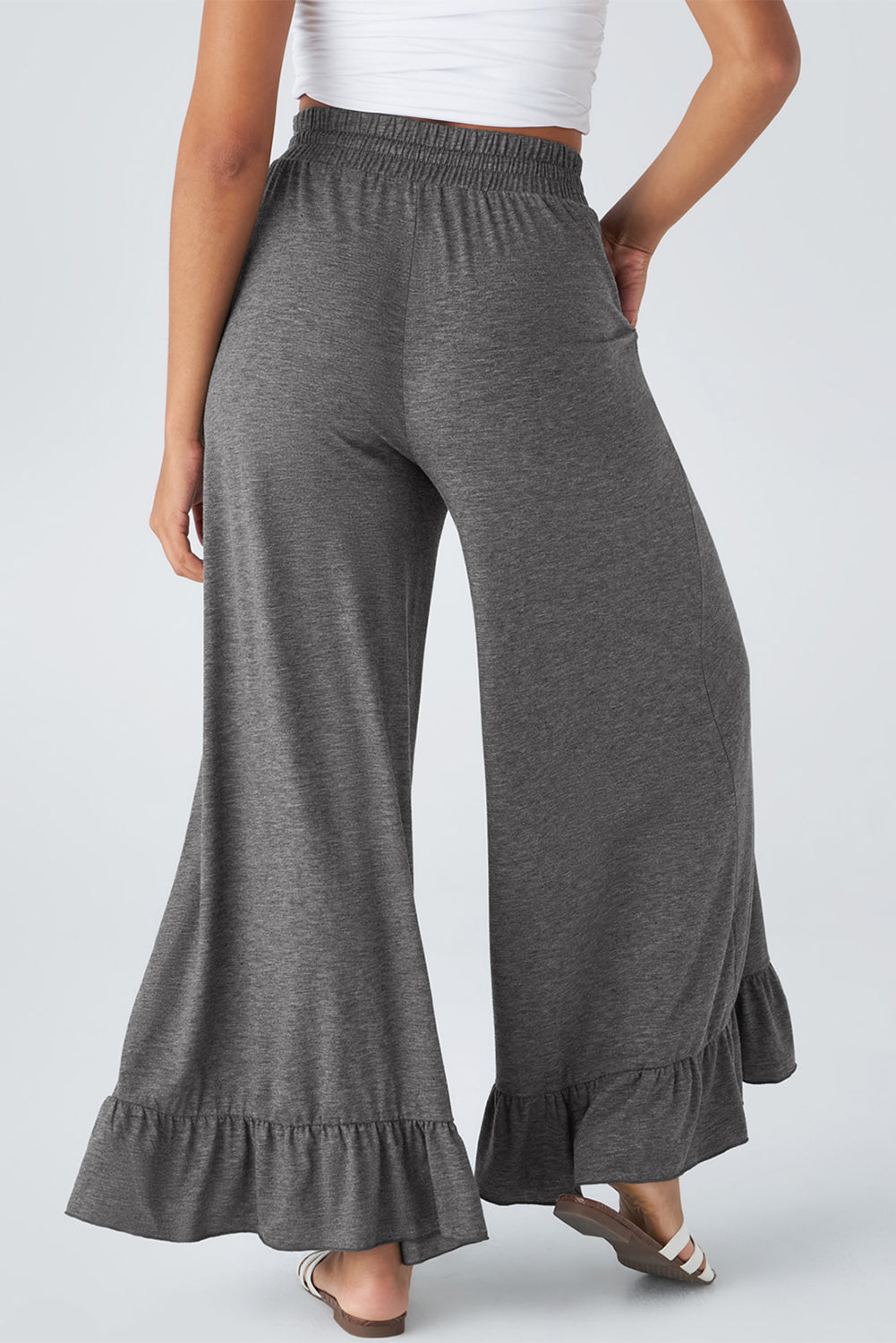 Grey Ruffle Hem Wide Leg Pants