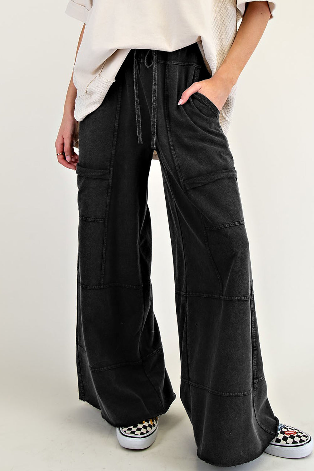 Black Mineral Wash Wide Leg Cargo Pants