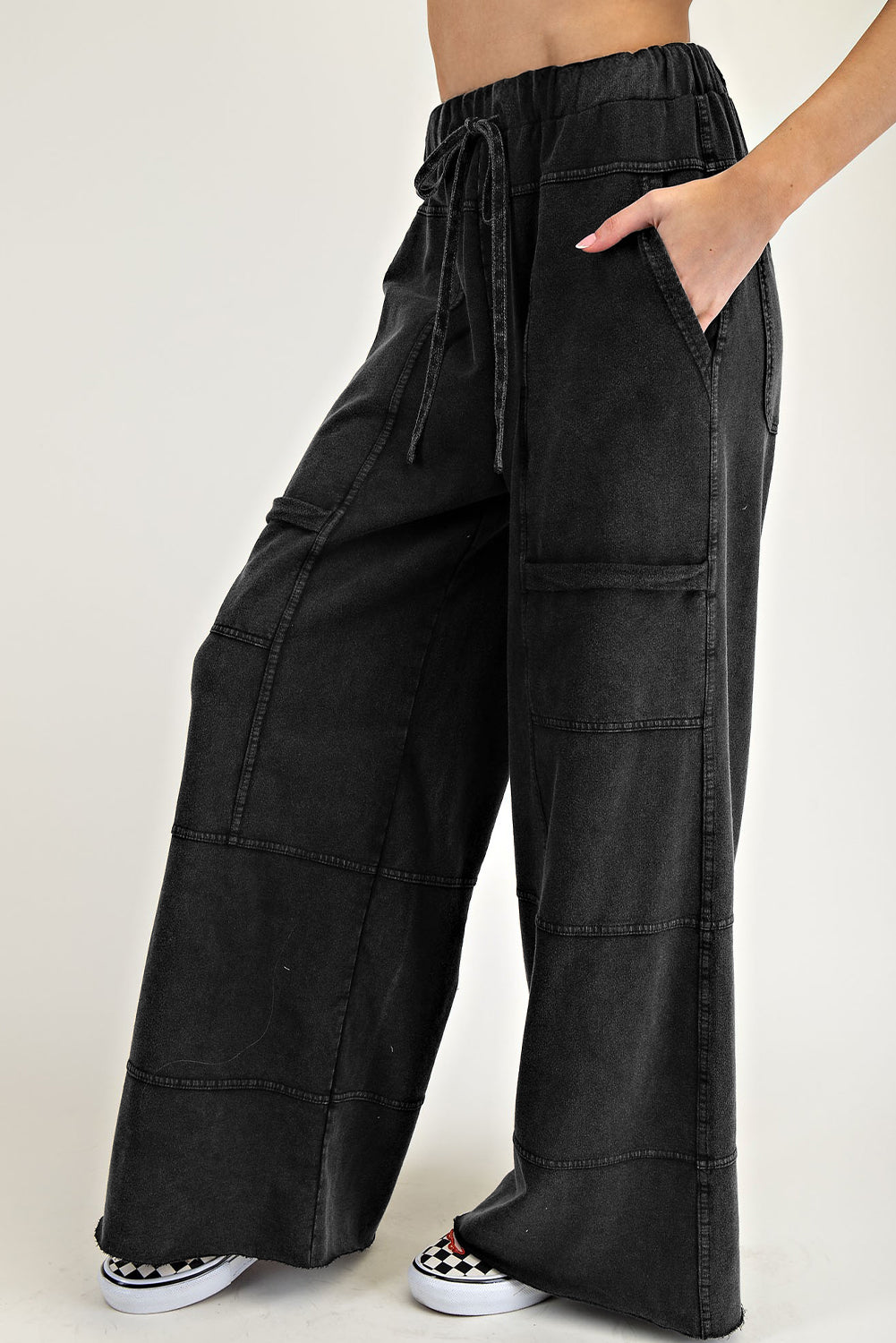 Black Mineral Wash Wide Leg Cargo Pants